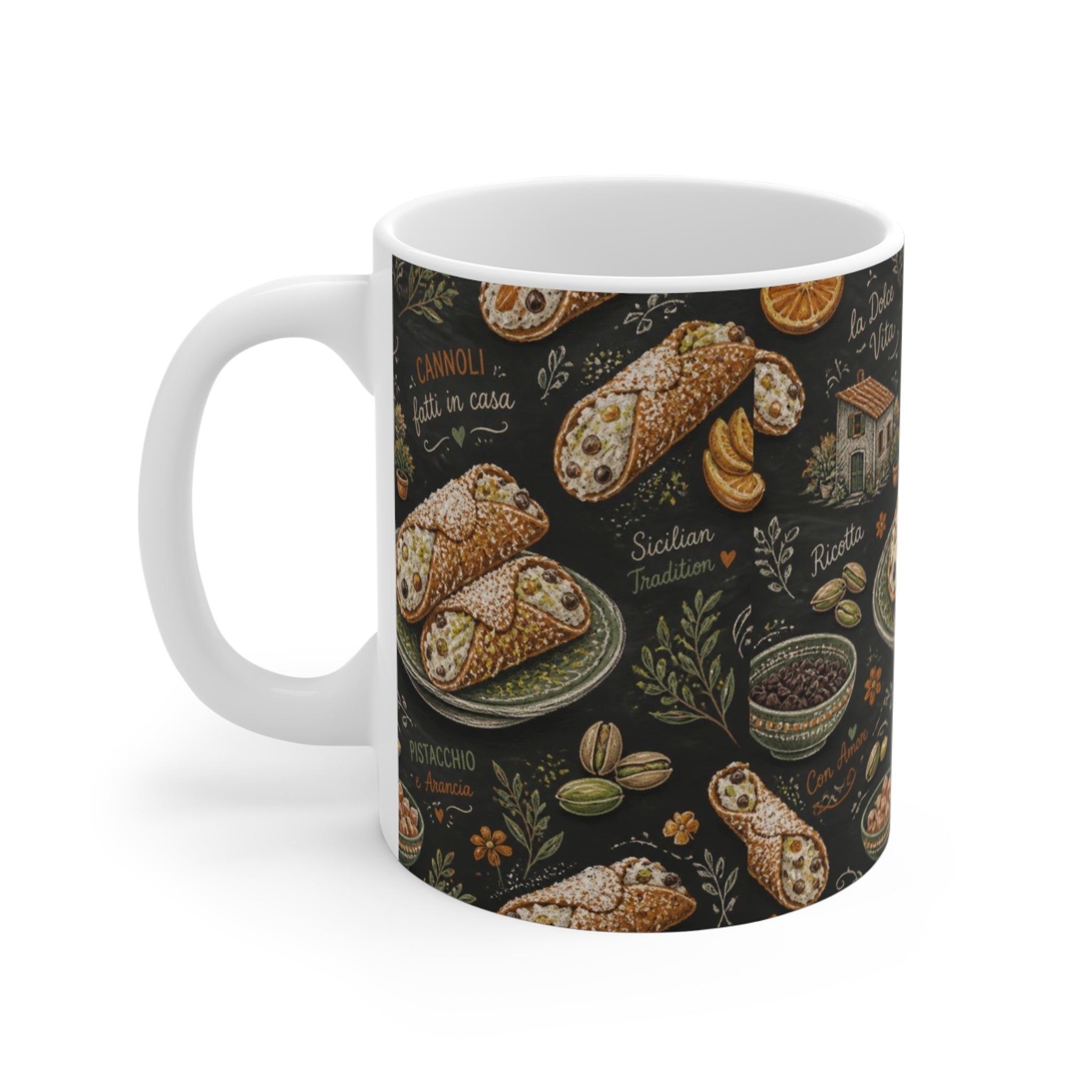 Sicilian Cannoli 11oz Ceramic Mug Mediterranean Kitchen Chalk Art Design Italian Cottagecore Gift