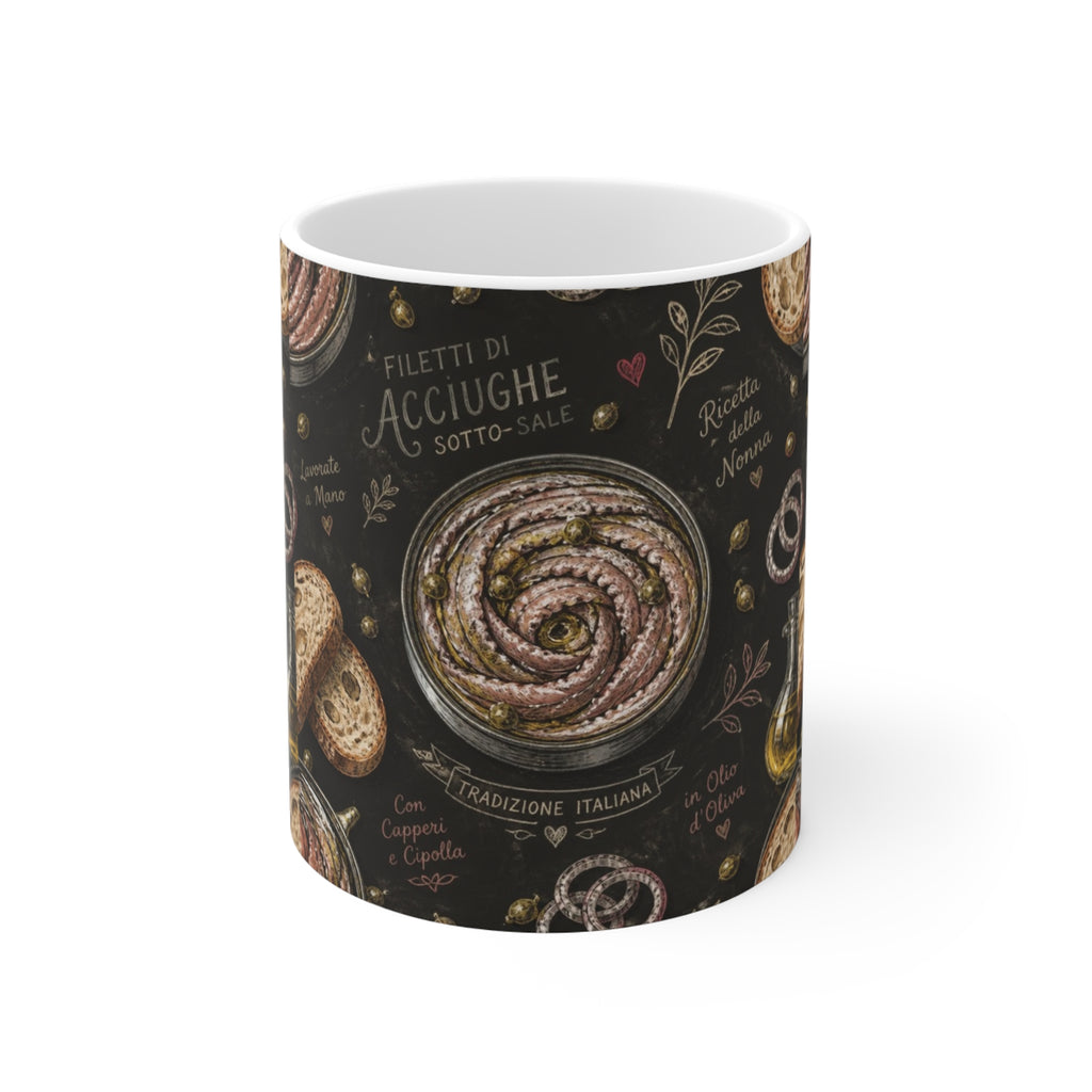 Anchovies & Capers 11oz Ceramic Mug Mediterranean Kitchen Chalk Art Design Italian Cottagecore Gift