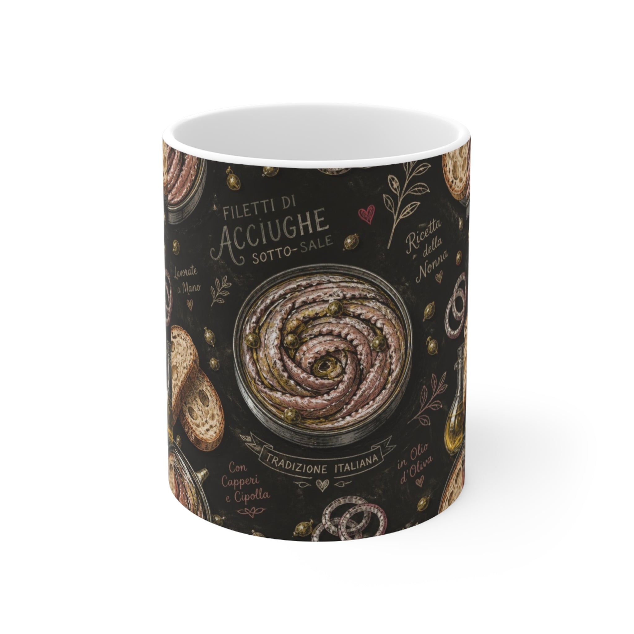 Anchovies & Capers 11oz Ceramic Mug Mediterranean Kitchen Chalk Art Design Italian Cottagecore Gift