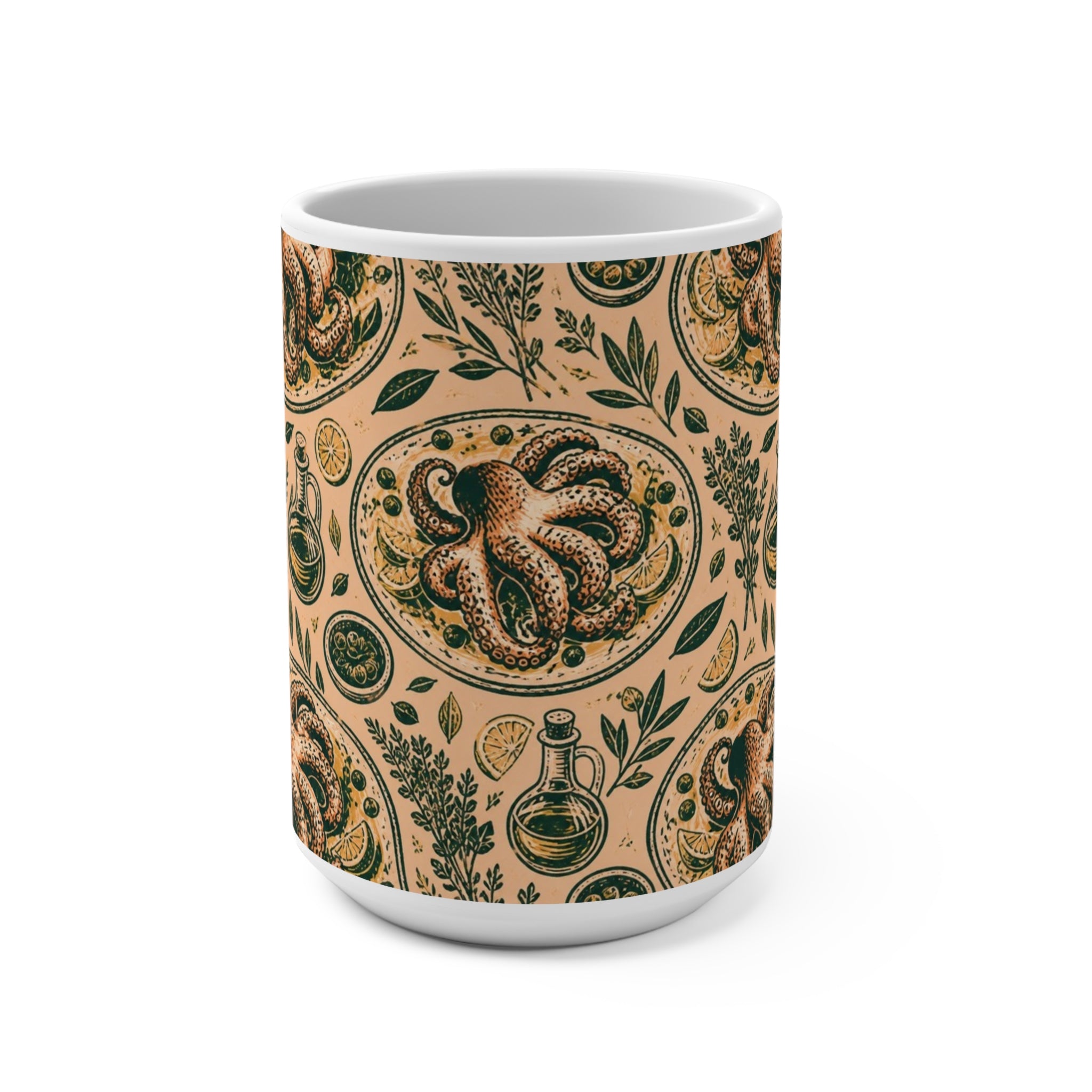 Grilled Octopus 15oz Ceramic Mug Mediterranean Kitchen Linocut Design Italian Cottagecore Gift
