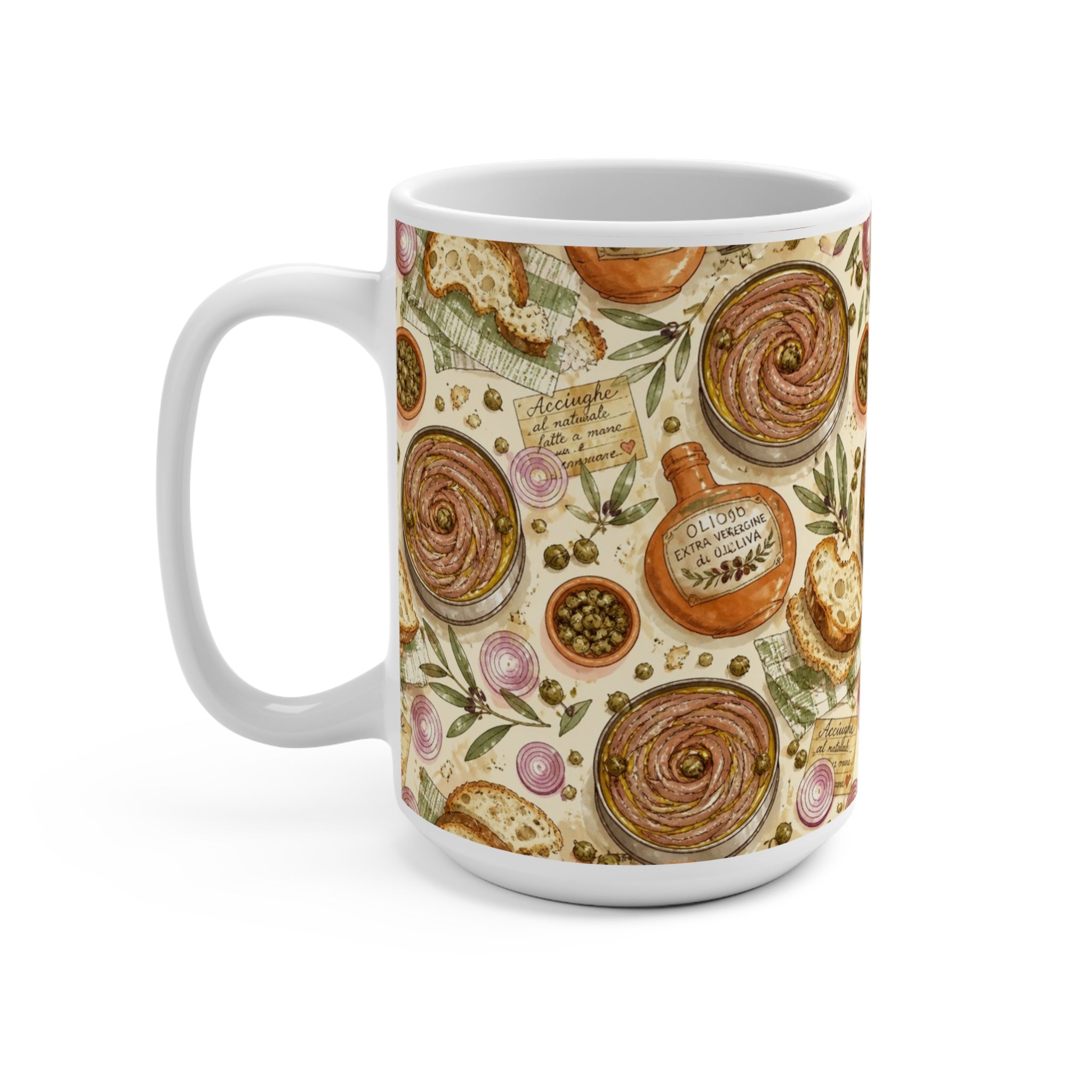 Anchovies & Capers 15oz Ceramic Mug Mediterranean Kitchen Watercolor Design Italian Cottagecore Gift