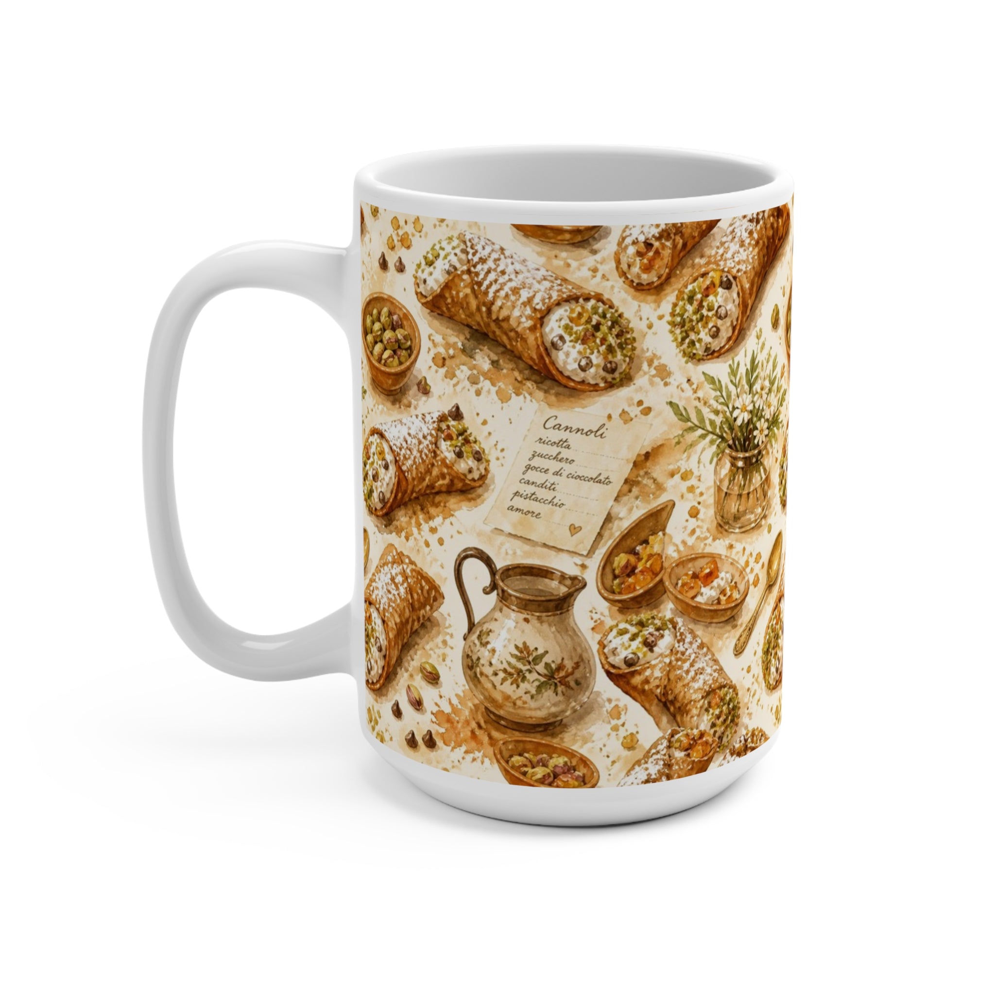 Sicilian Cannoli 15oz Ceramic Mug Mediterranean Kitchen Watercolor Splash Design Italian Cottagecore Gift