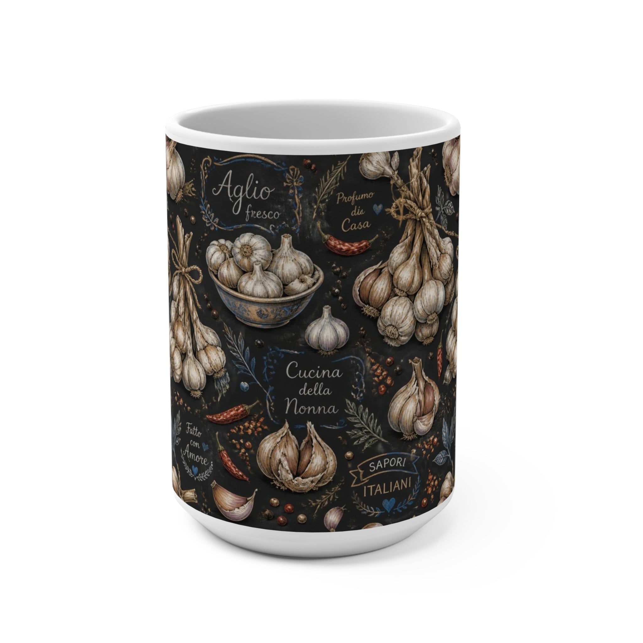 Garlic Bulbs & Cloves 15oz Ceramic Mug Mediterranean Kitchen Chalk Art Design Italian Cottagecore Gift