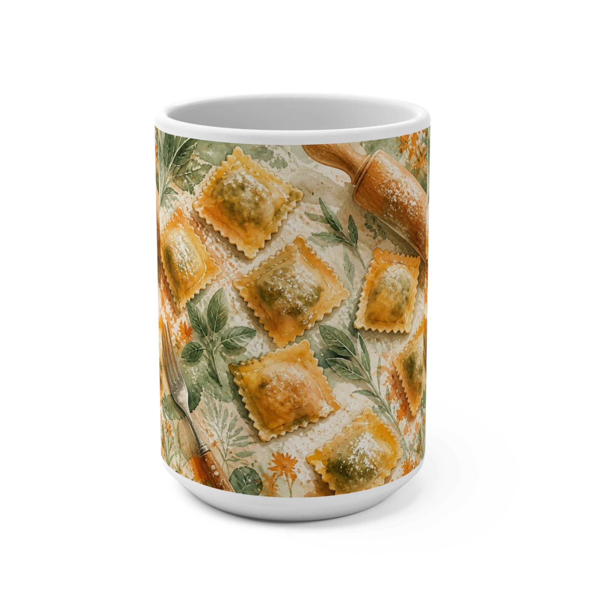 Fresh Ravioli 15oz Ceramic Mug Mediterranean Kitchen Watercolor Splash Design Italian Cottagecore Gift