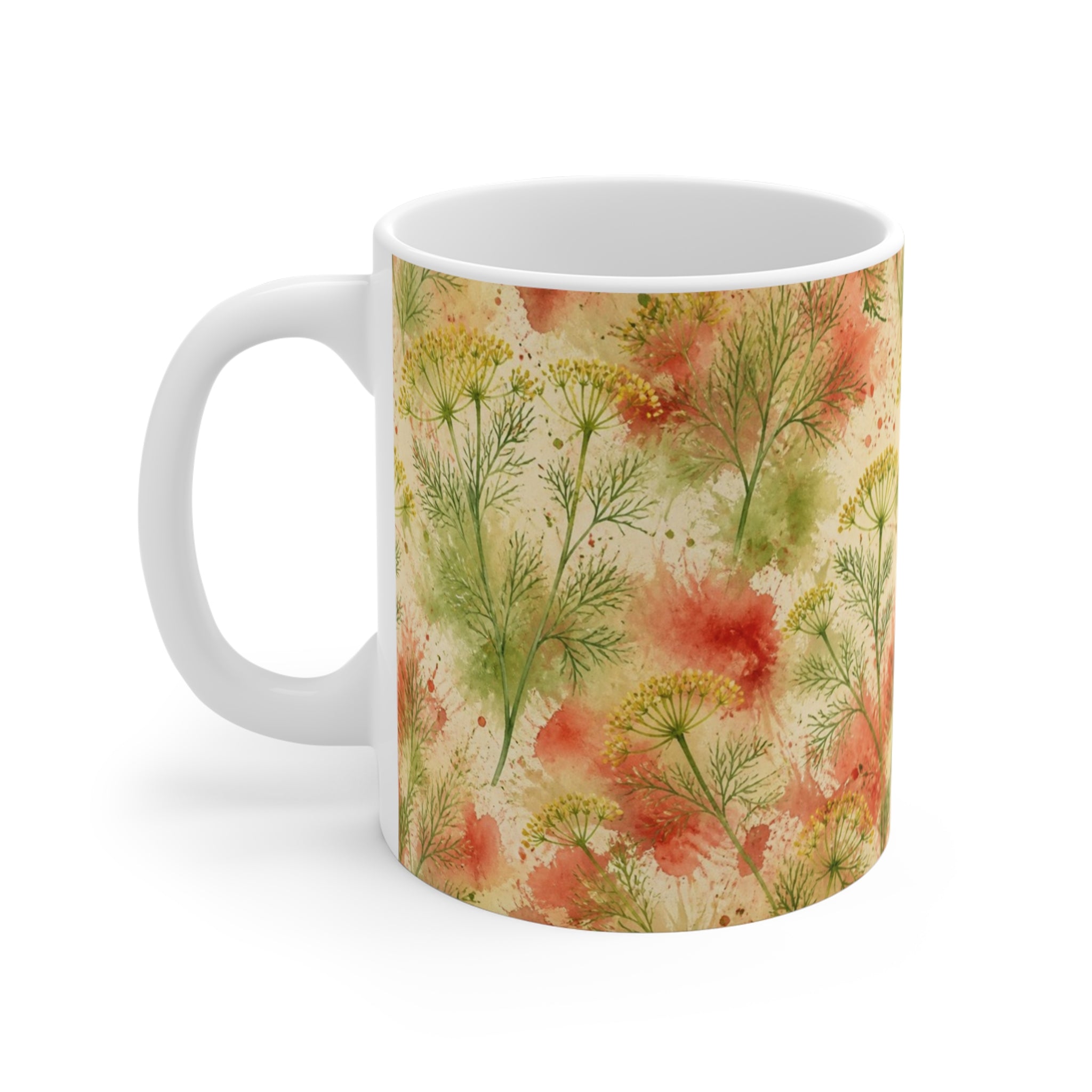 Dill Fronds 11oz Ceramic Mug Mediterranean Kitchen Watercolor Splash Design Italian Cottagecore Gift