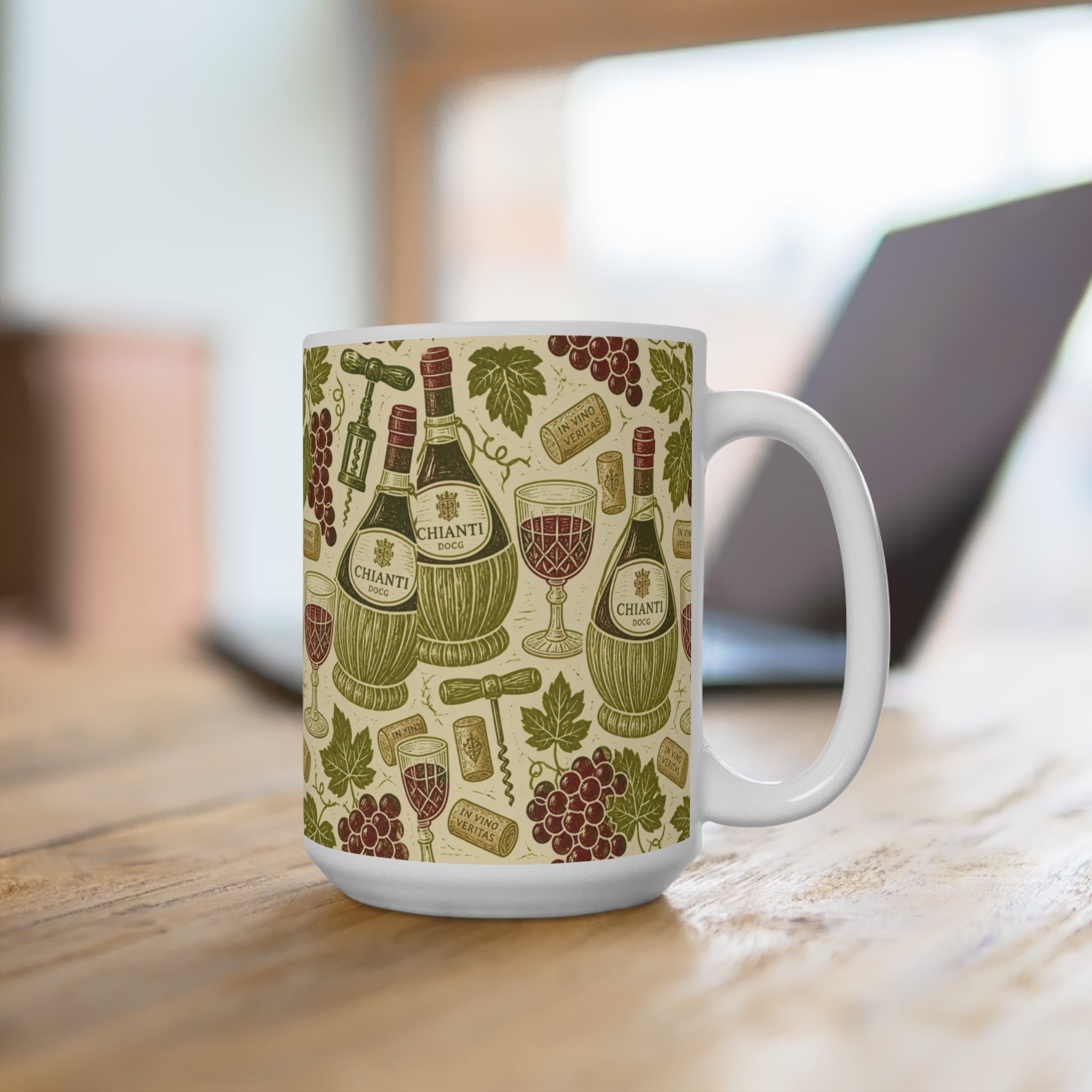 Wine Bottles & Glasses 15oz Ceramic Mug Mediterranean Kitchen Linocut Design Italian Cottagecore Gift