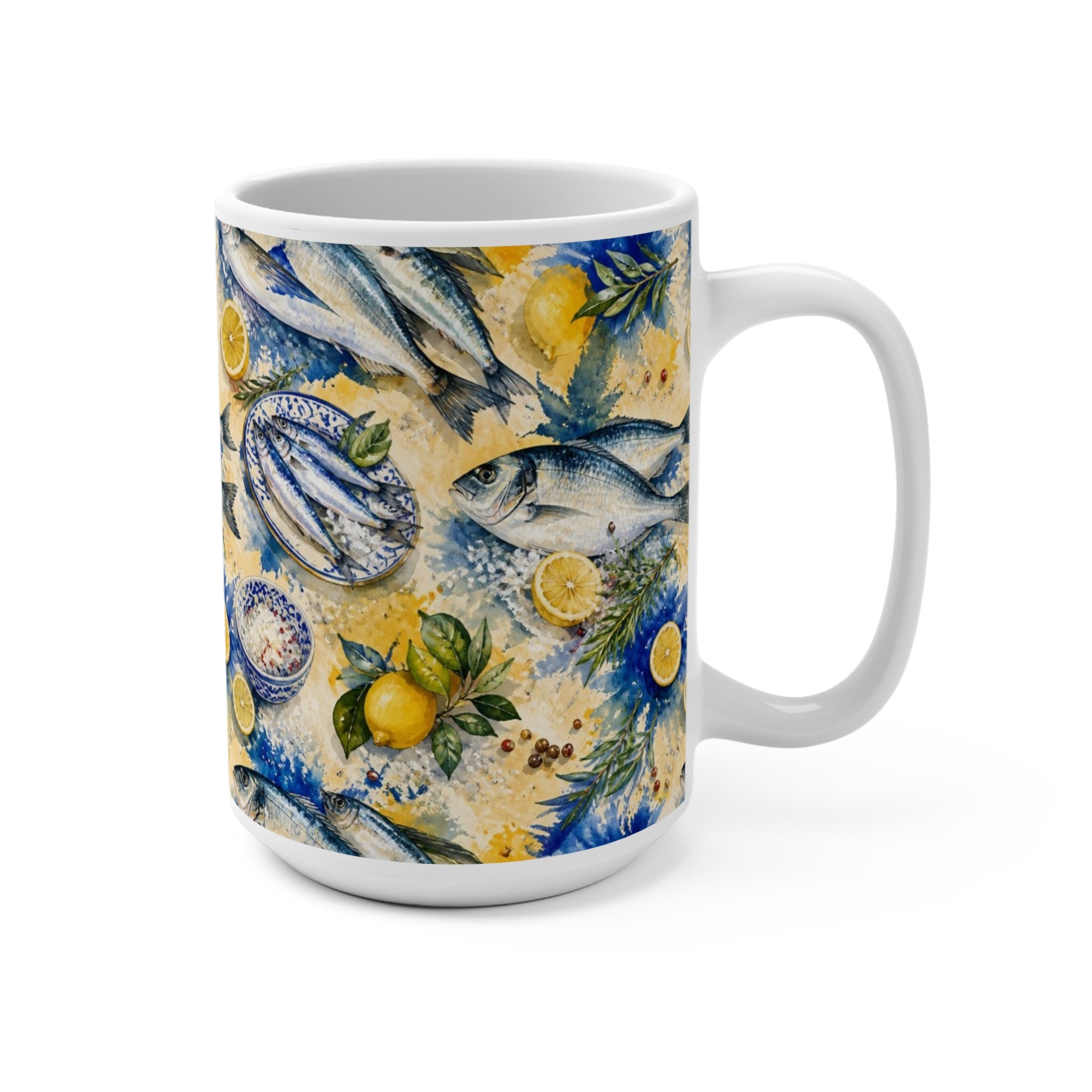 Mediterranean Fish 15oz Ceramic Mug Mediterranean Kitchen Watercolor Splash Design Italian Cottagecore Gift