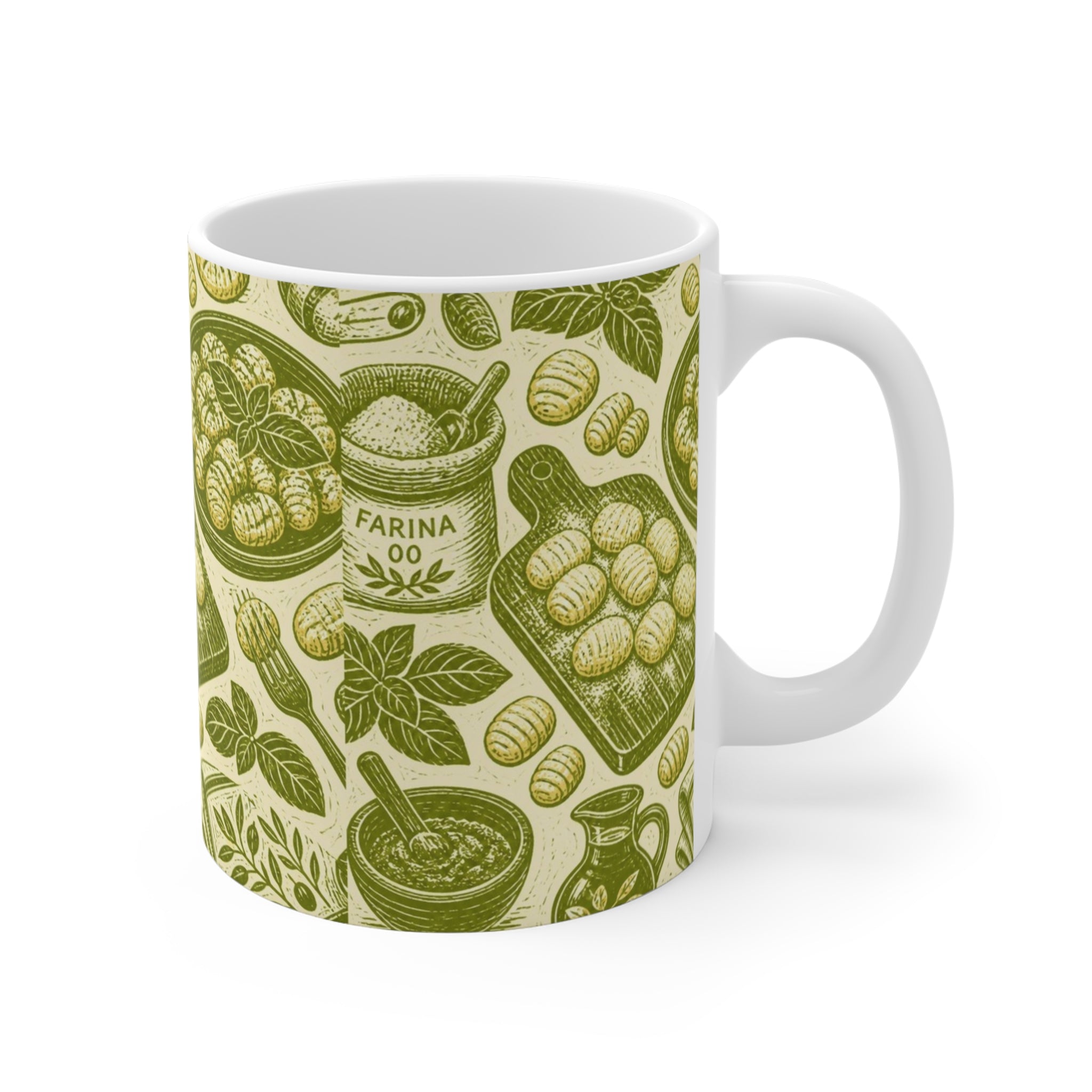 Potato Gnocchi 11oz Ceramic Mug Mediterranean Kitchen Linocut Design Italian Cottagecore Gift