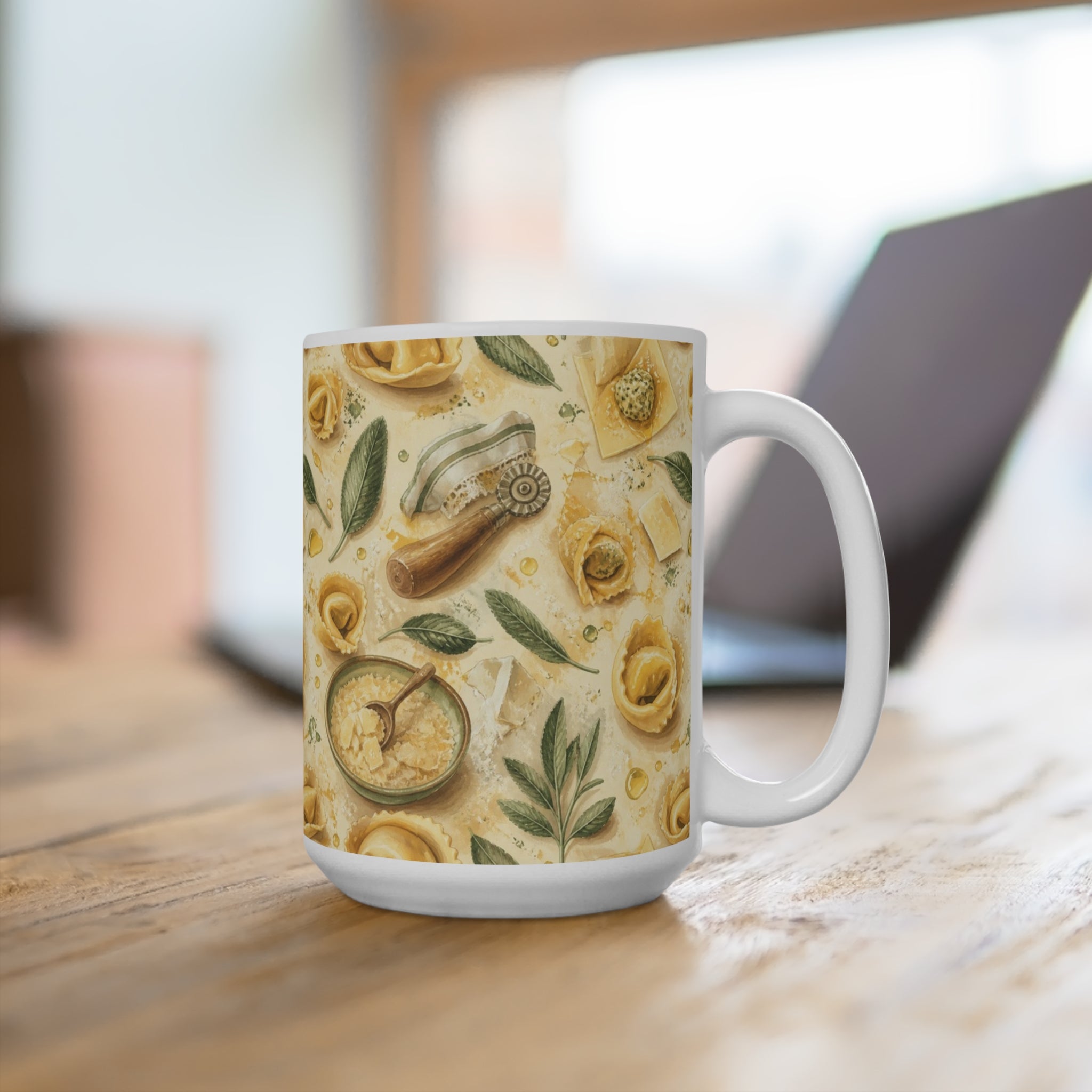 Tortellini with Sage 15oz Ceramic Mug Mediterranean Kitchen Watercolor Splash Design Italian Cottagecore Gift