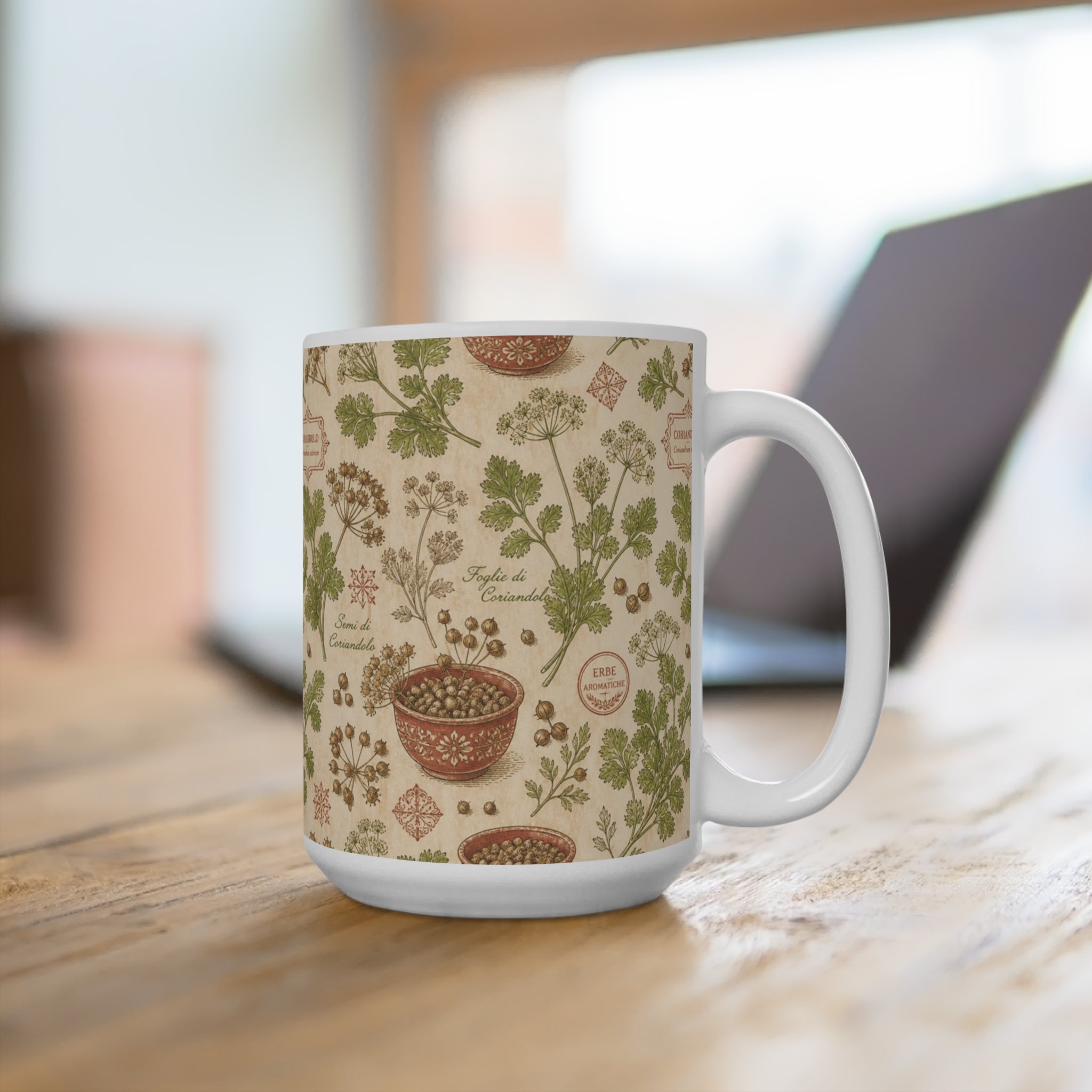 Coriander & Seeds 15oz Ceramic Mug Mediterranean Kitchen Botanical Design Italian Cottagecore Gift