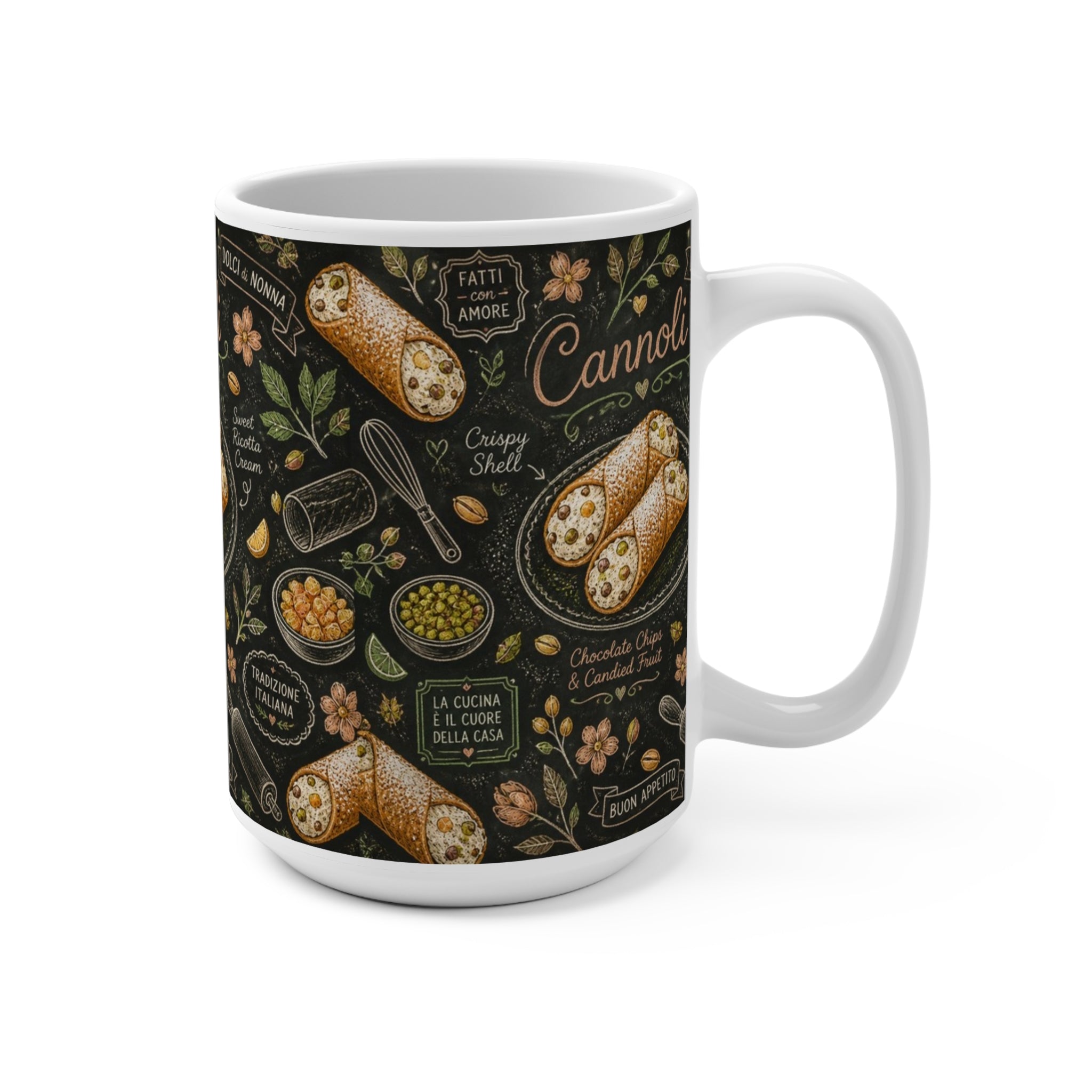 Sicilian Cannoli 15oz Ceramic Mug Mediterranean Kitchen Chalk Art Design Italian Cottagecore Gift