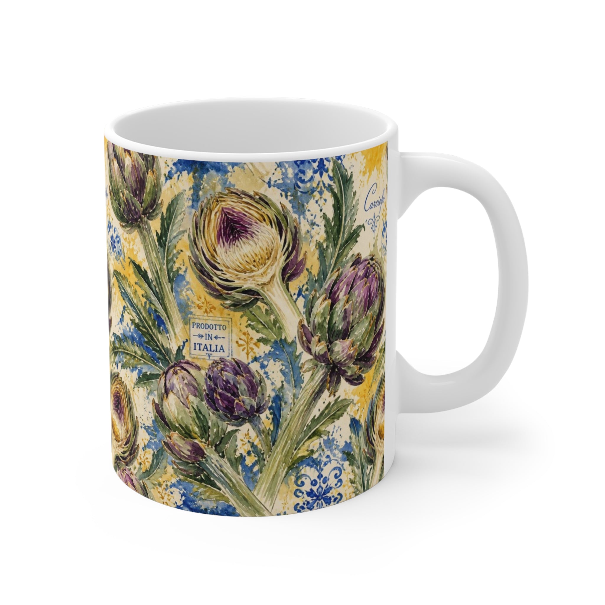Globe Artichokes 11oz Ceramic Mug Mediterranean Kitchen Watercolor Splash Design Italian Cottagecore Gift