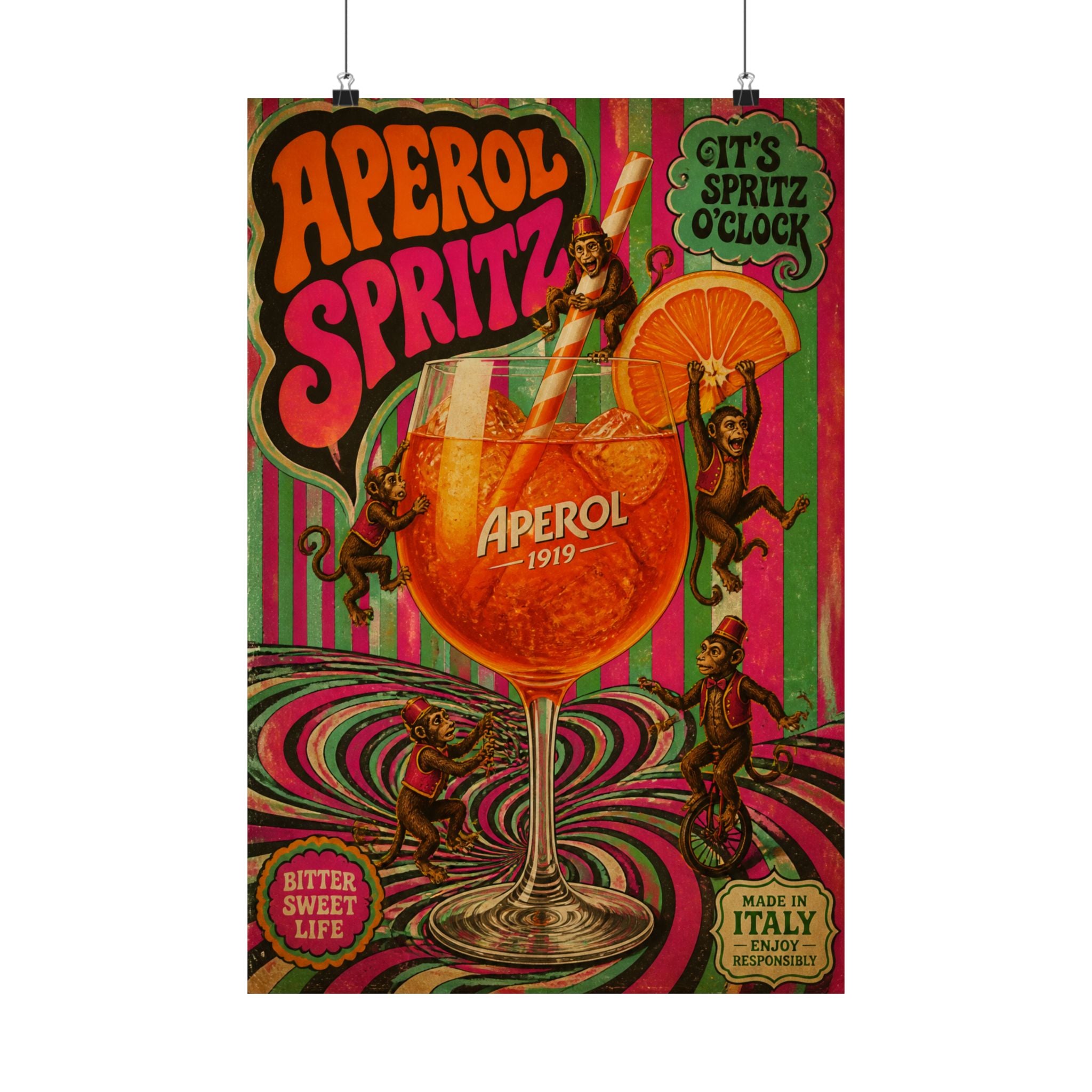Aperol Spritz Monkeys Wall Art Poster 24×36 Psychedelic Dining Room Decor Maximalist Print