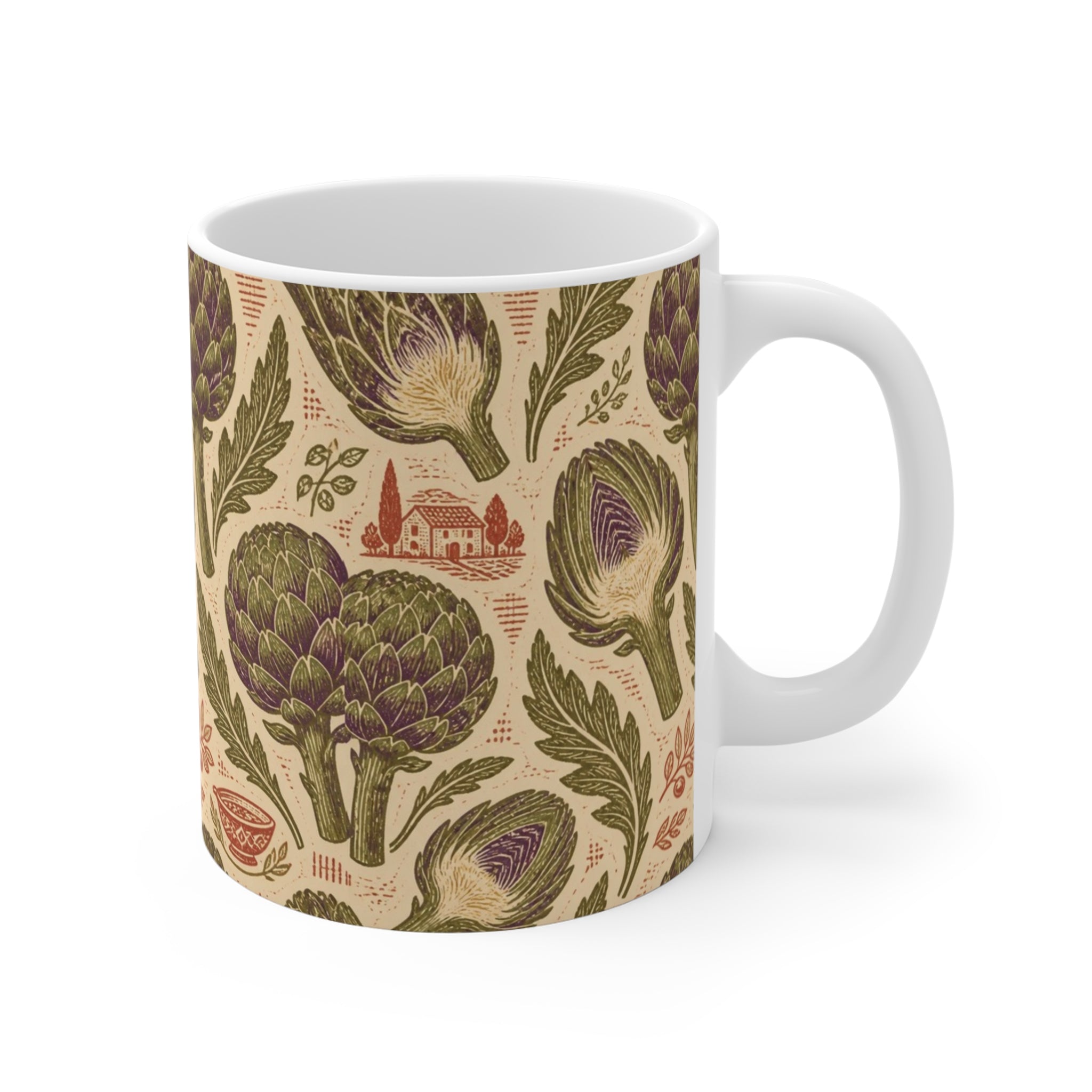 Globe Artichokes 11oz Ceramic Mug Mediterranean Kitchen Linocut Design Italian Cottagecore Gift