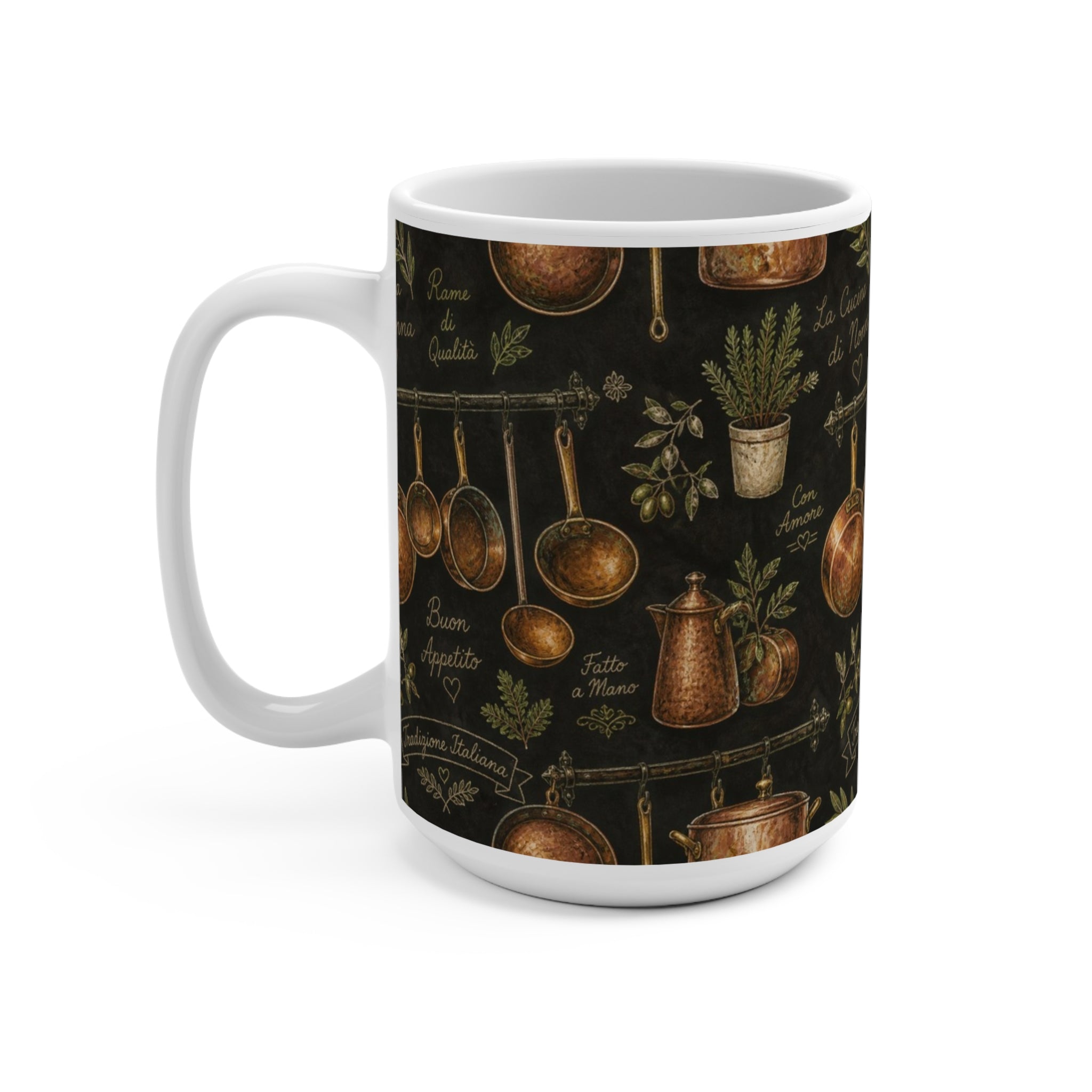 Copper Cookware 15oz Ceramic Mug Mediterranean Kitchen Chalk Art Design Italian Cottagecore Gift