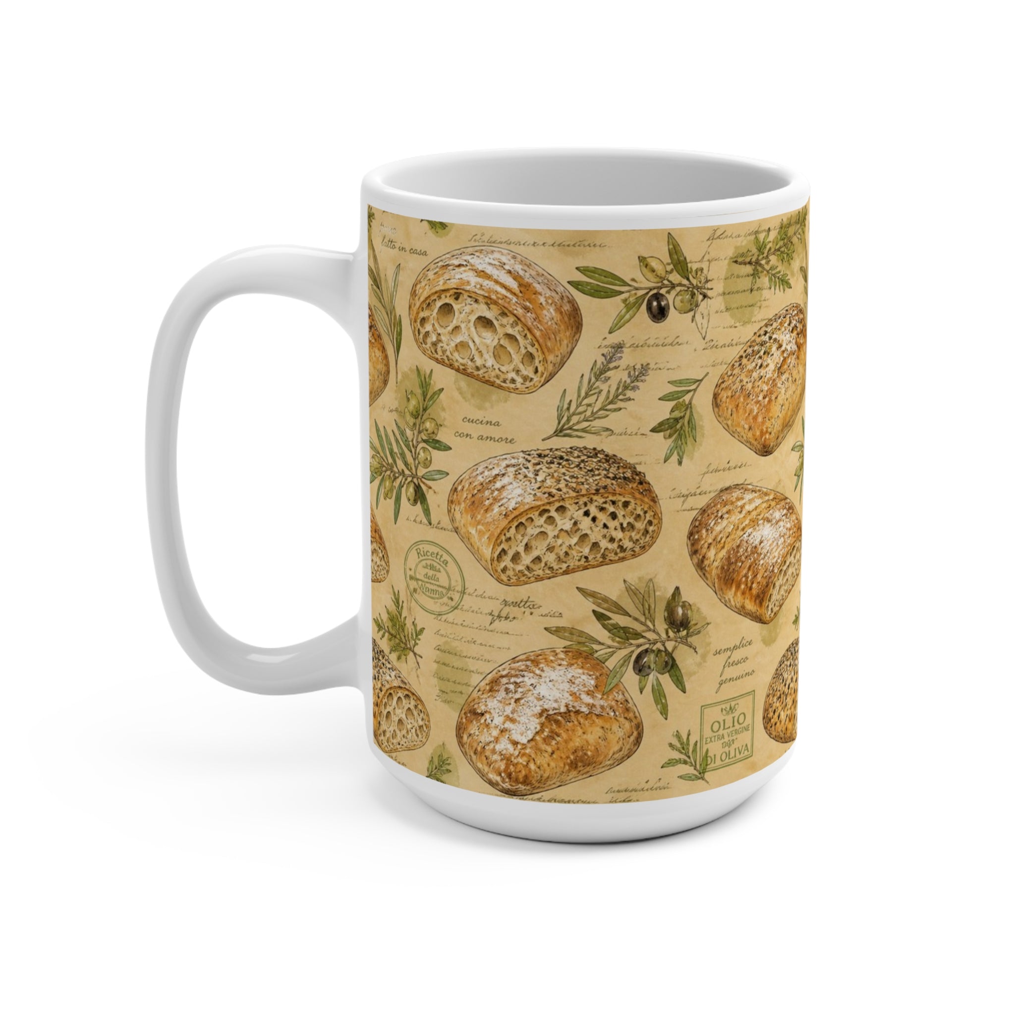 Ciabatta Rolls 15oz Ceramic Mug Mediterranean Kitchen Watercolor Design Italian Cottagecore Gift
