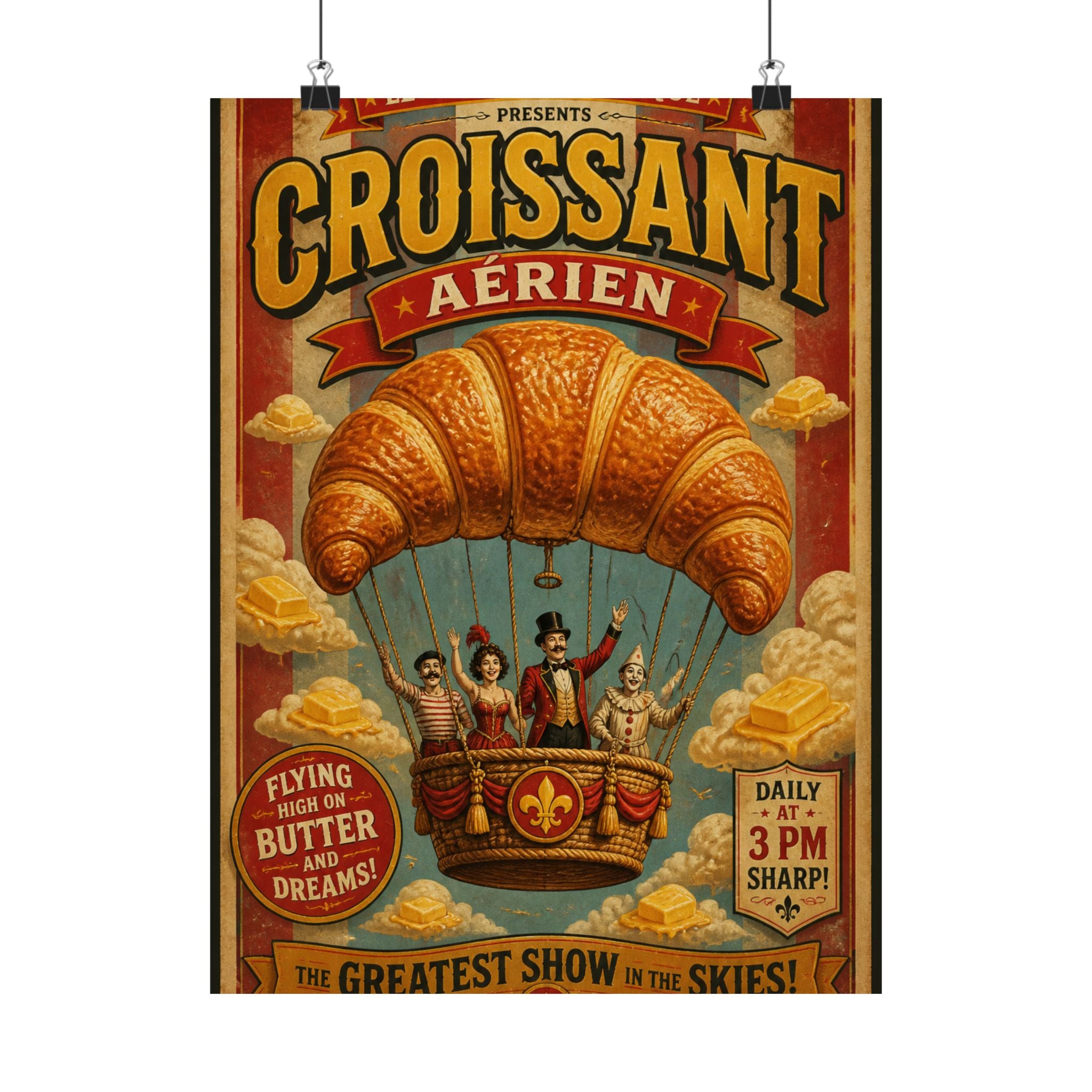 Croissant Hot Air Balloon Wall Art Poster 18×24 Vintage Circus Kitchen Decor Maximalist Print