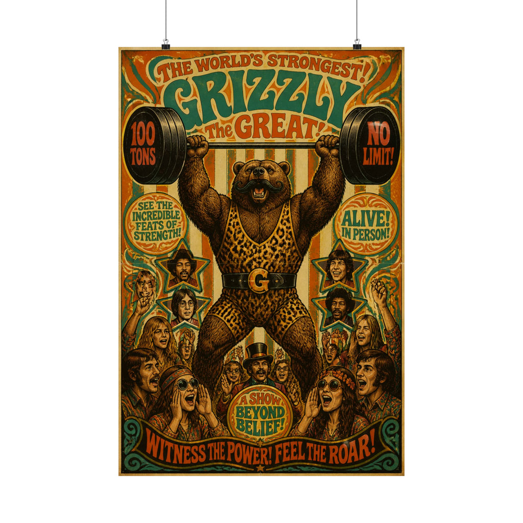 Strongman Bear Wall Art Poster 24×36 Psychedelic Dining Room Decor Maximalist Print