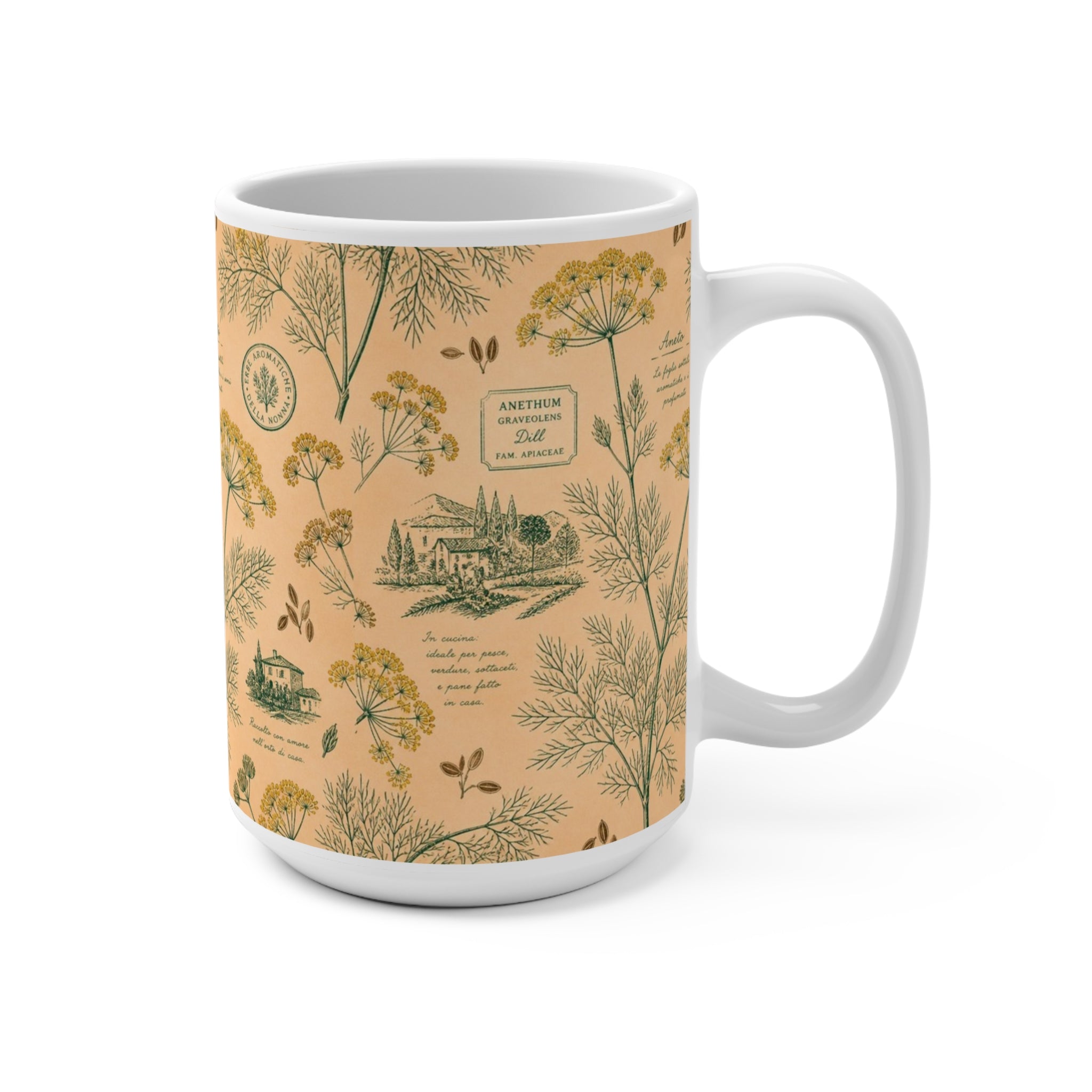 Dill Fronds 15oz Ceramic Mug Mediterranean Kitchen Botanical Design Italian Cottagecore Gift