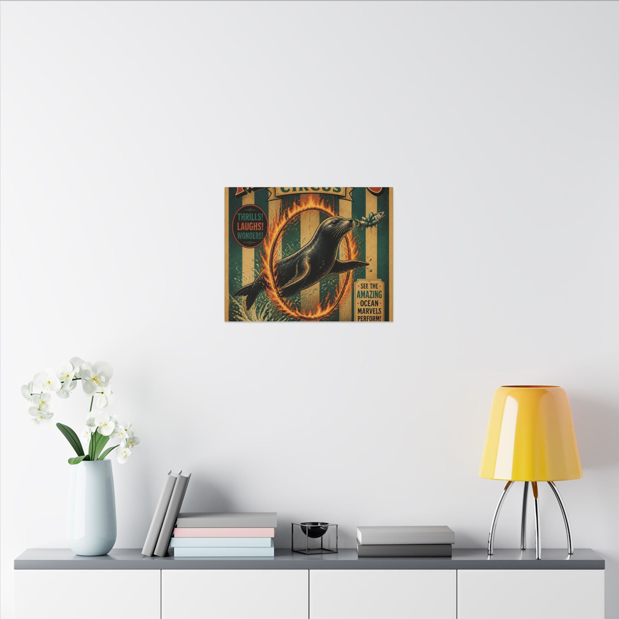 Seal Fire Hoop Wall Art Canvas 24×36 Vintage Circus Bedroom Decor Maximalist Print