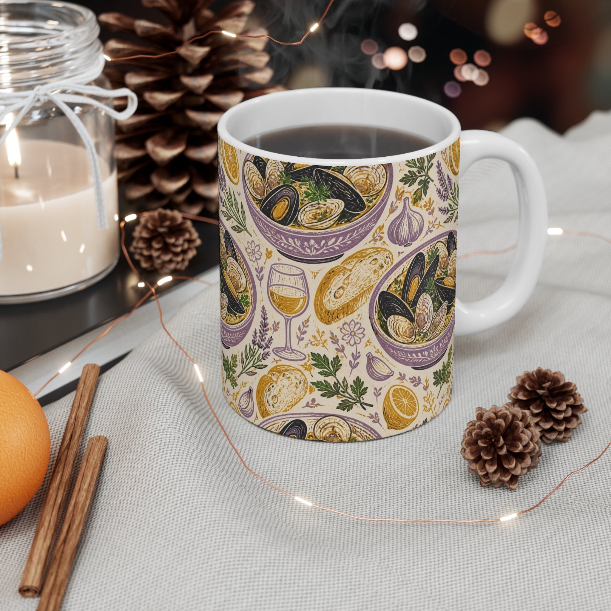 Mussels & Clams 11oz Ceramic Mug Mediterranean Kitchen Linocut Design Italian Cottagecore Gift