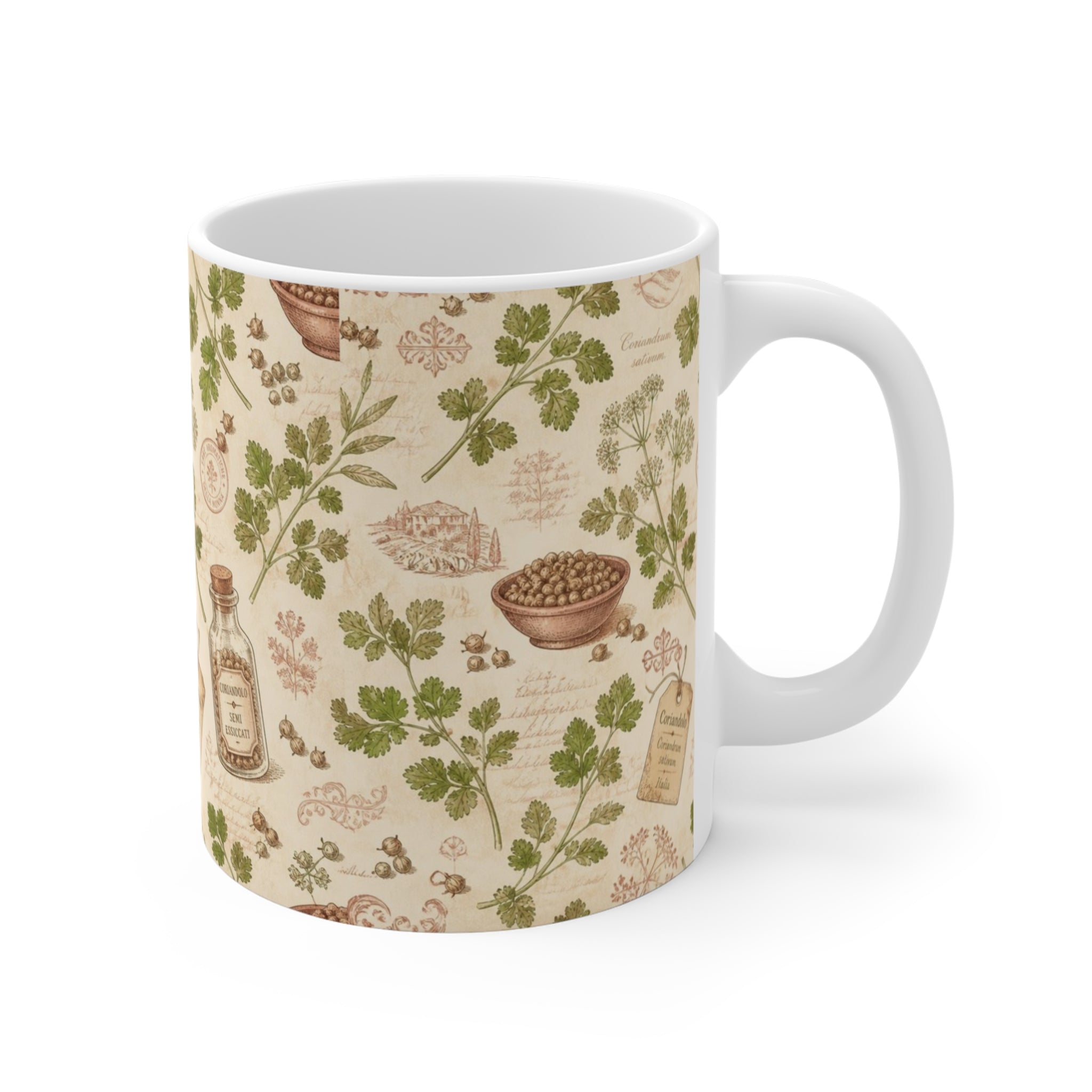 Coriander & Seeds 11oz Ceramic Mug Mediterranean Kitchen Botanical Design Italian Cottagecore Gift