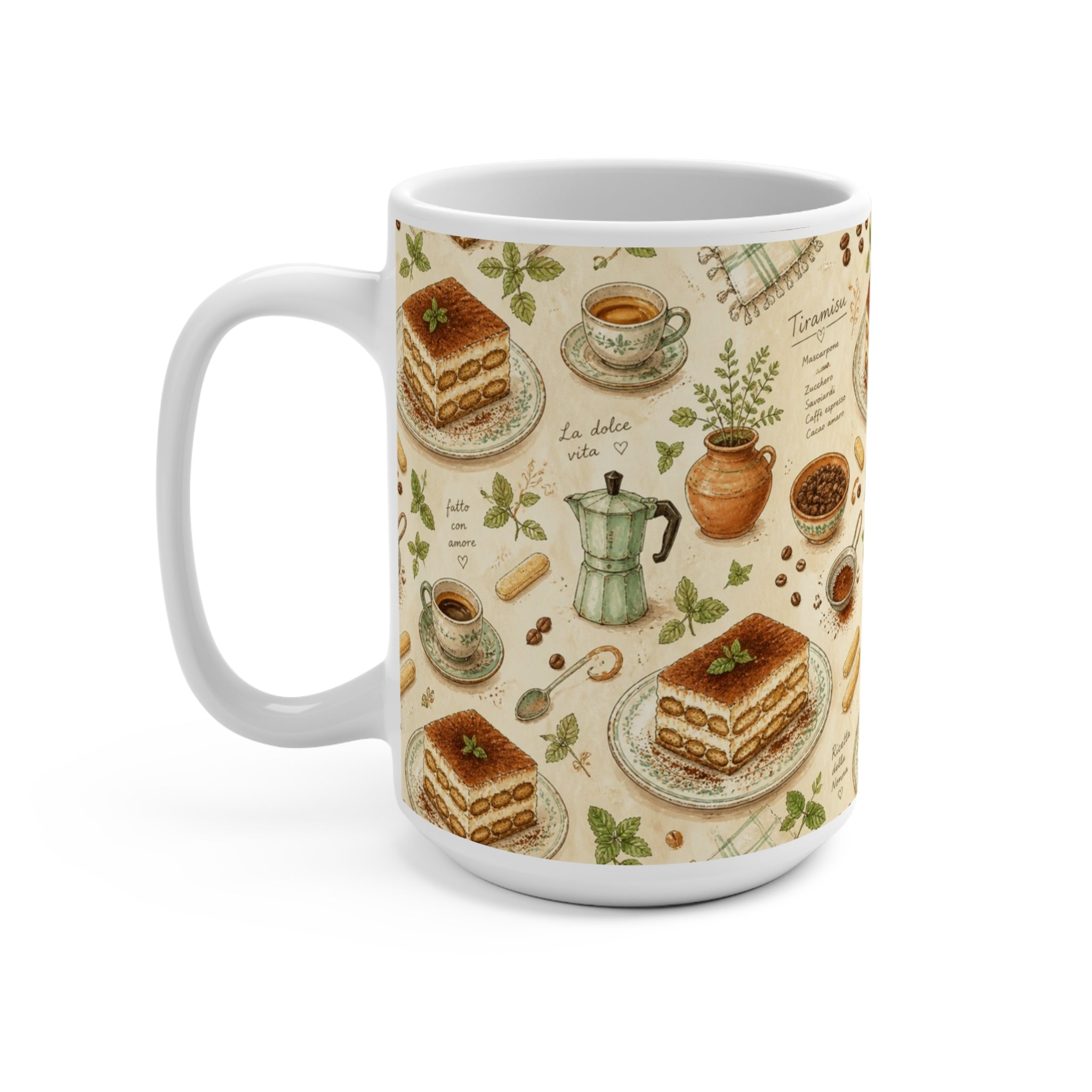 Tiramisu Layers 15oz Ceramic Mug Mediterranean Kitchen Watercolor Design Italian Cottagecore Gift