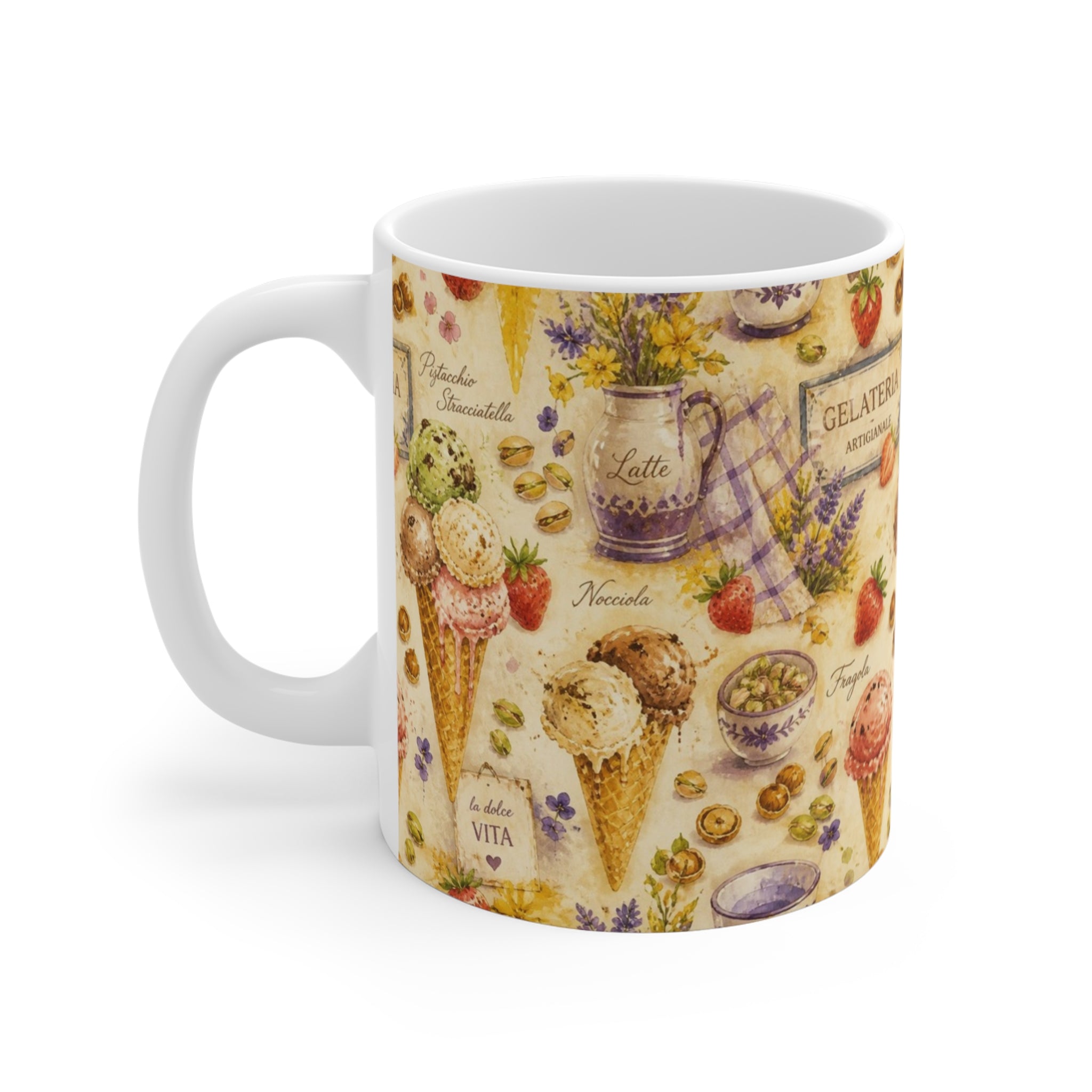Gelato Scoops 11oz Ceramic Mug Mediterranean Kitchen Watercolor Splash Design Italian Cottagecore Gift