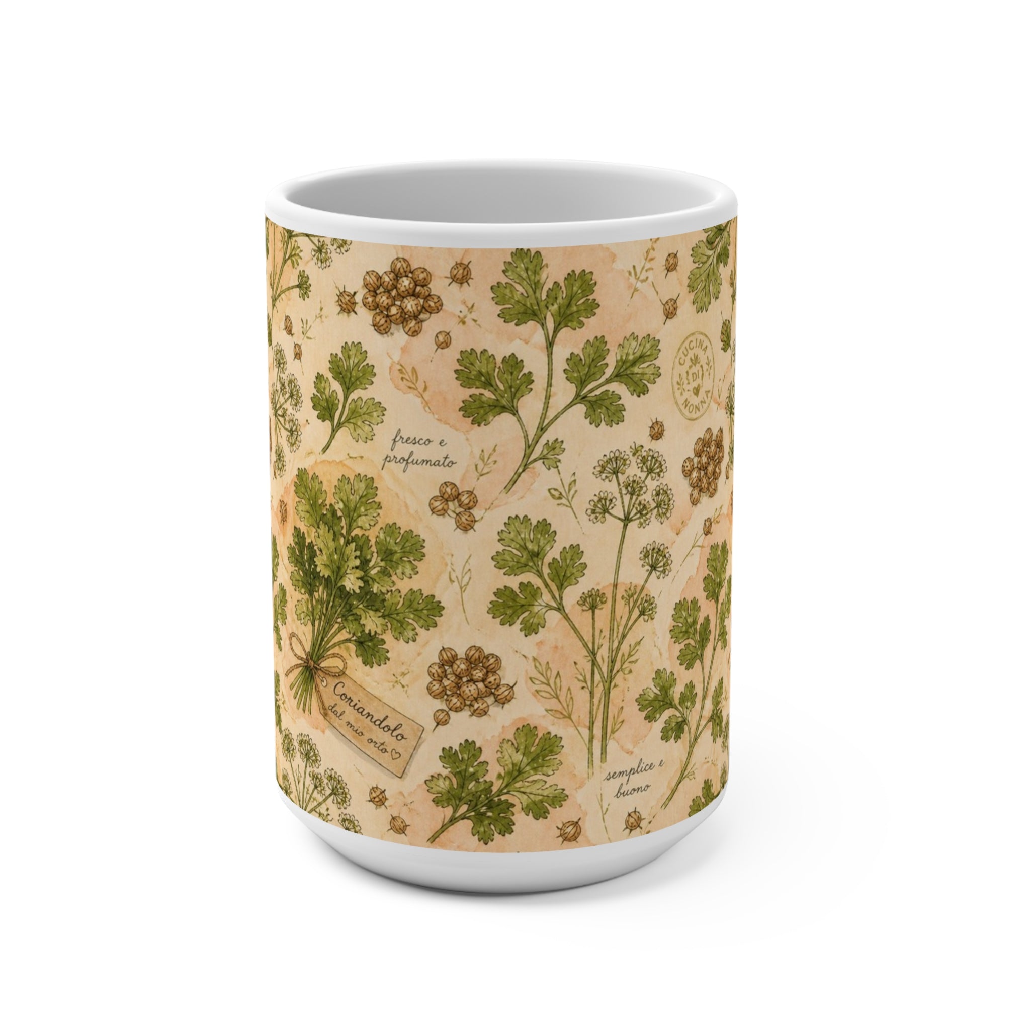 Coriander & Seeds 15oz Ceramic Mug Mediterranean Kitchen Watercolor Design Italian Cottagecore Gift