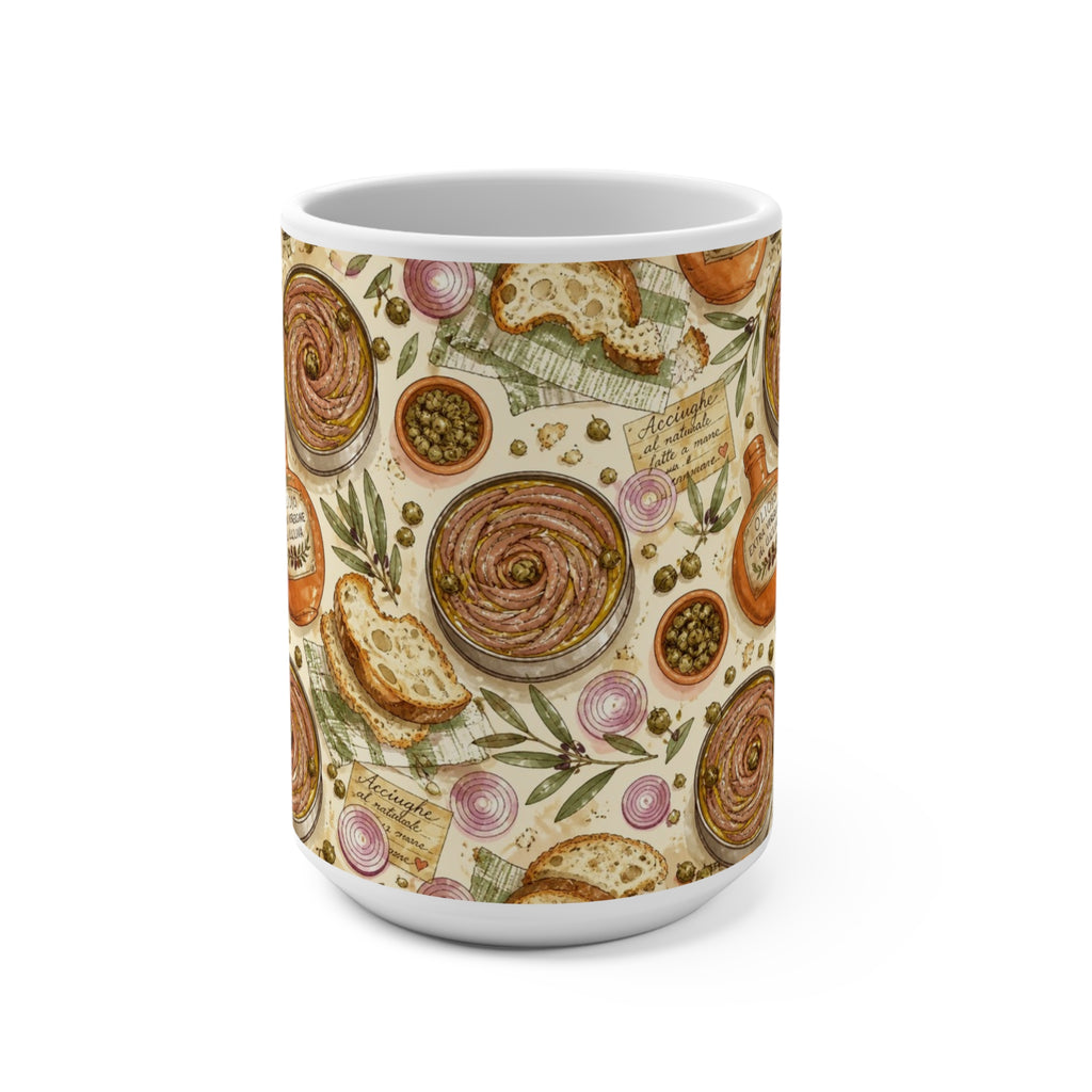 Anchovies & Capers 15oz Ceramic Mug Mediterranean Kitchen Watercolor Design Italian Cottagecore Gift