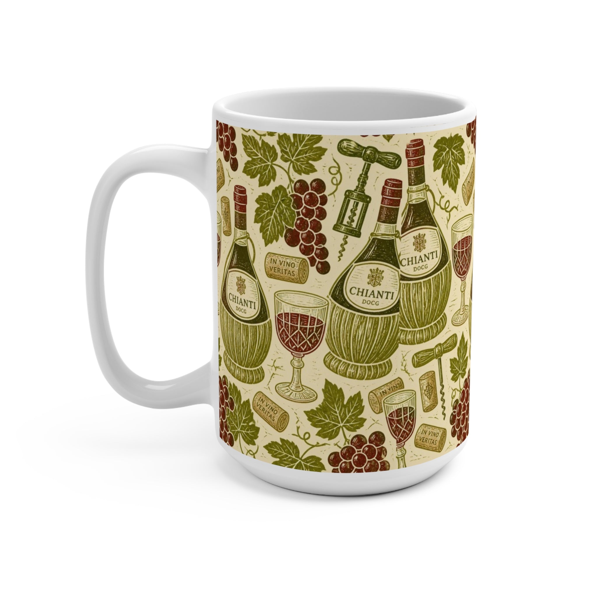 Wine Bottles & Glasses 15oz Ceramic Mug Mediterranean Kitchen Linocut Design Italian Cottagecore Gift