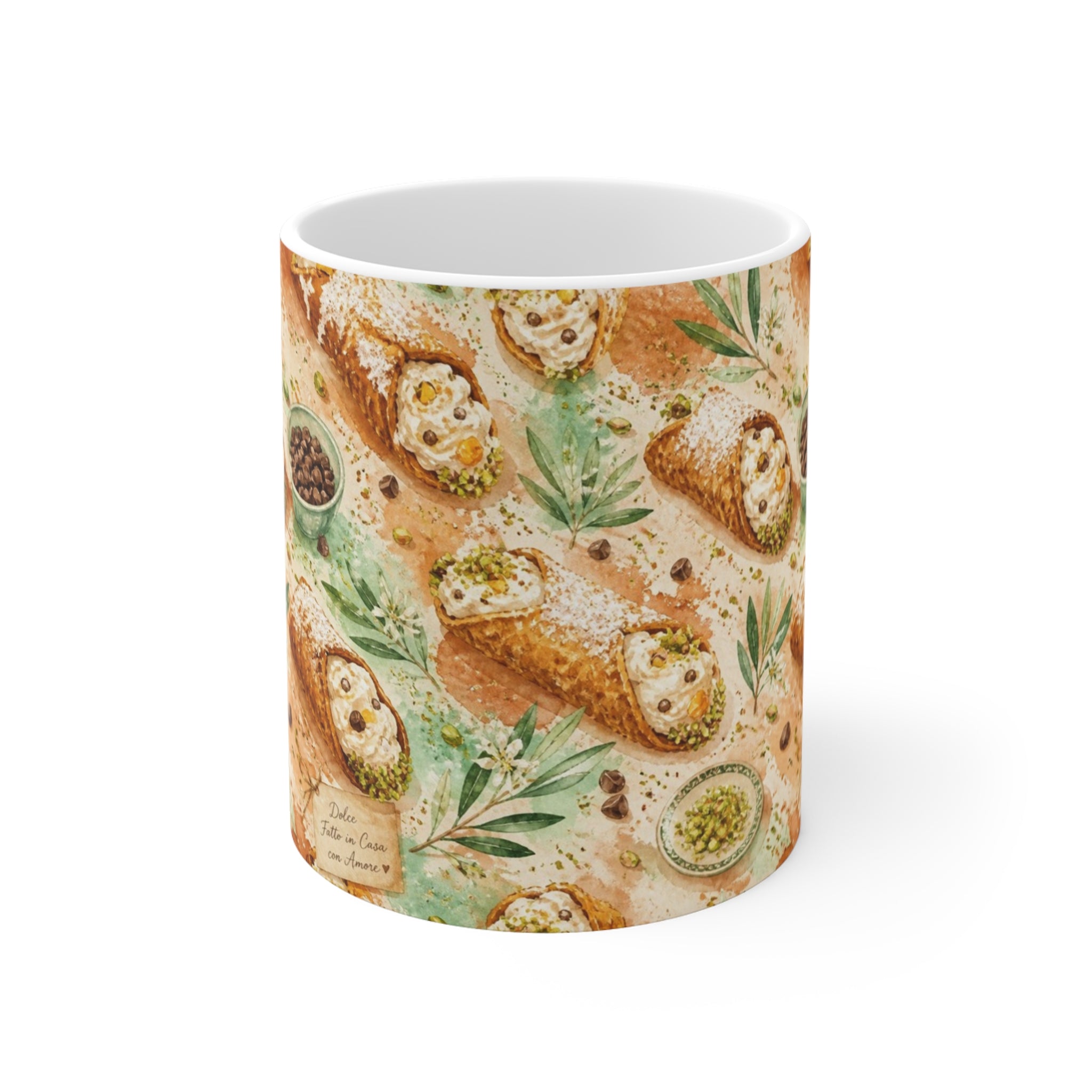 Sicilian Cannoli 11oz Ceramic Mug Mediterranean Kitchen Watercolor Splash Design Italian Cottagecore Gift