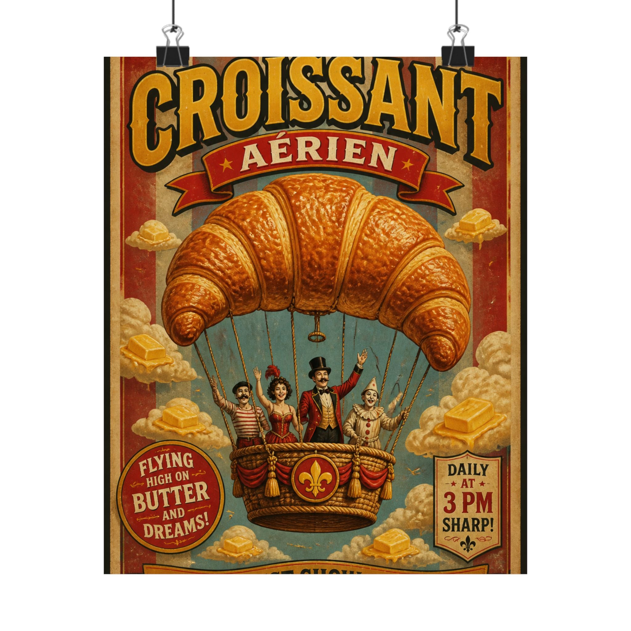 Croissant Hot Air Balloon Wall Art Poster 18×24 Vintage Circus Kitchen Decor Maximalist Print