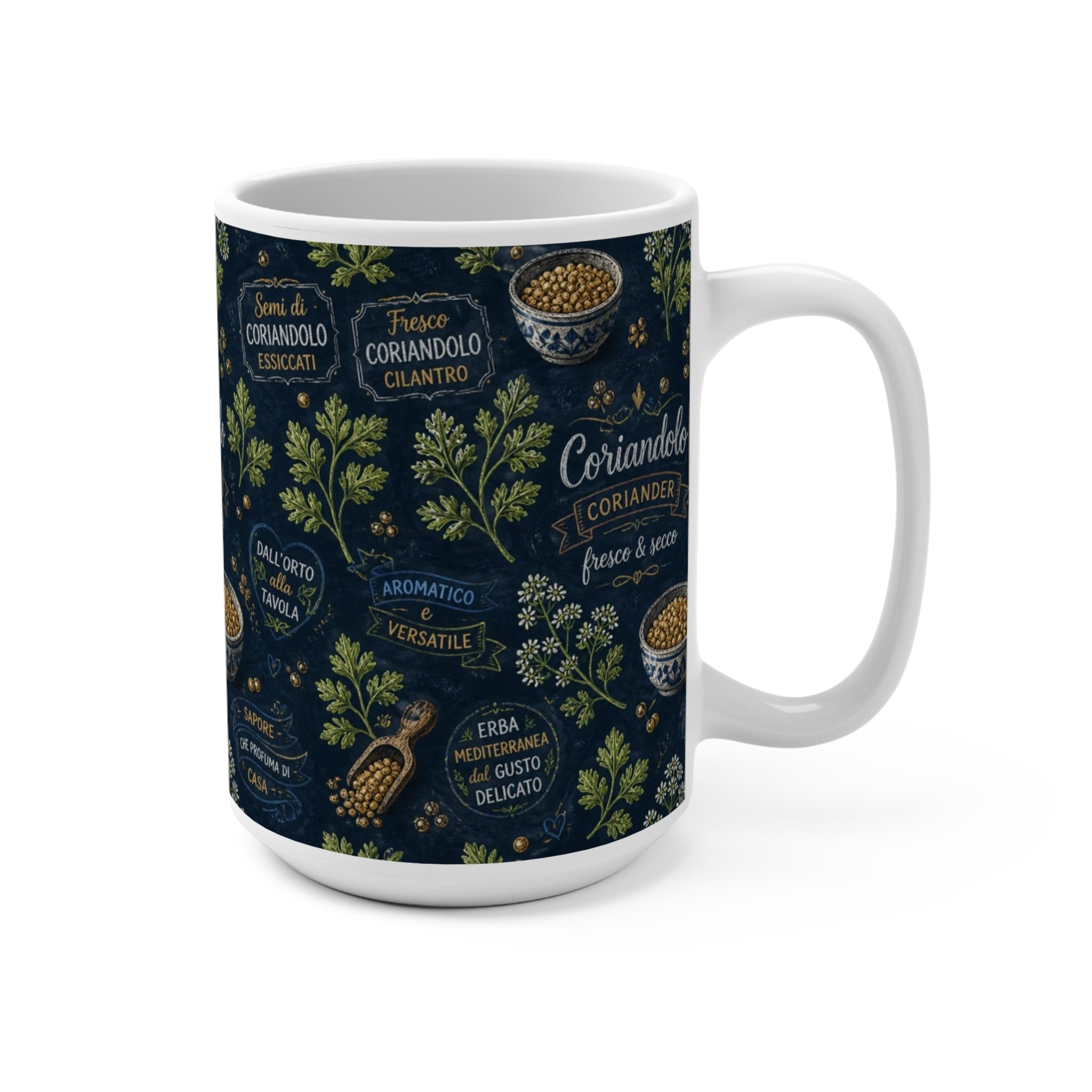 Coriander & Seeds 15oz Ceramic Mug Mediterranean Kitchen Chalk Art Design Italian Cottagecore Gift