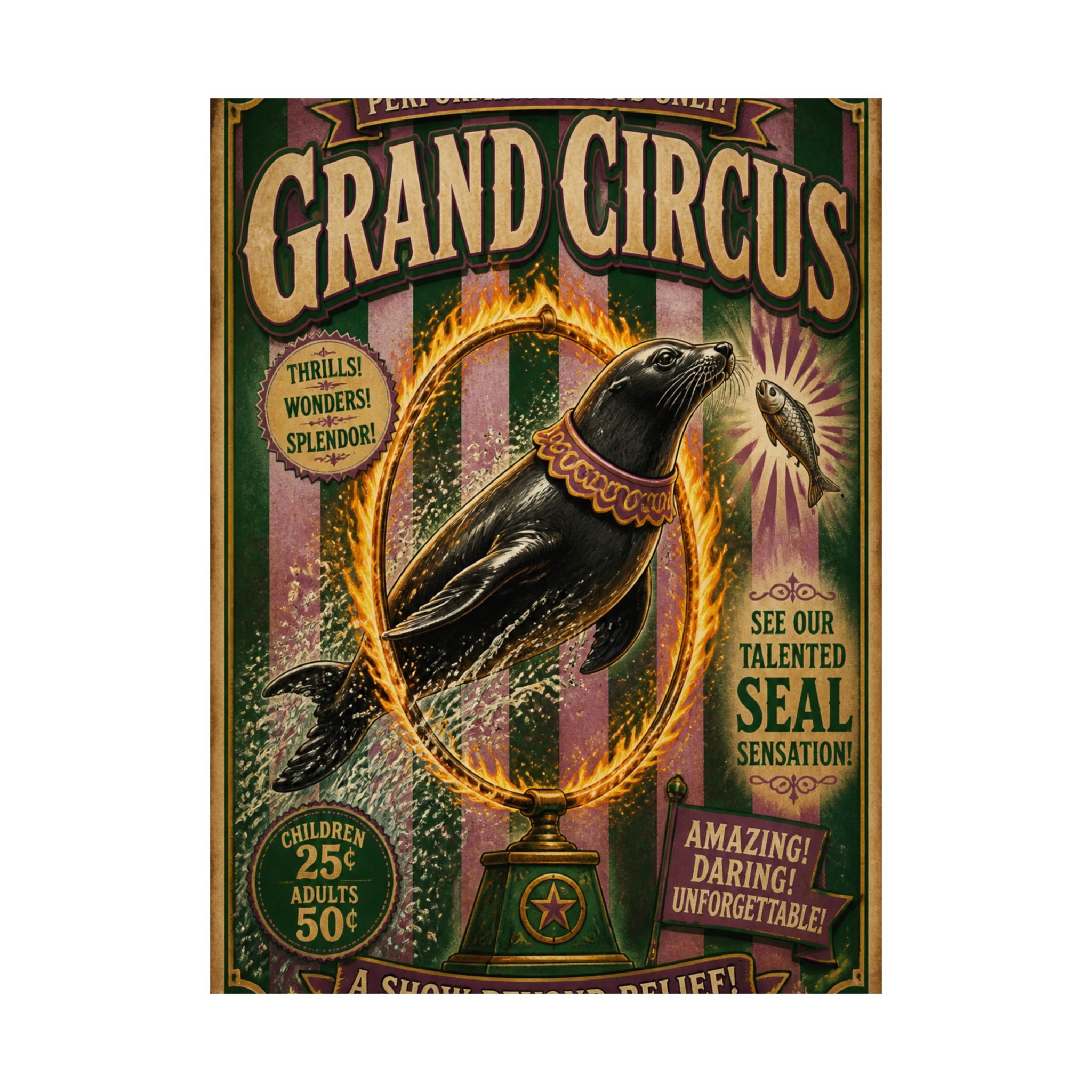 Seal Fire Hoop Wall Art Poster 24×36 Vintage Circus Bedroom Decor Maximalist Print