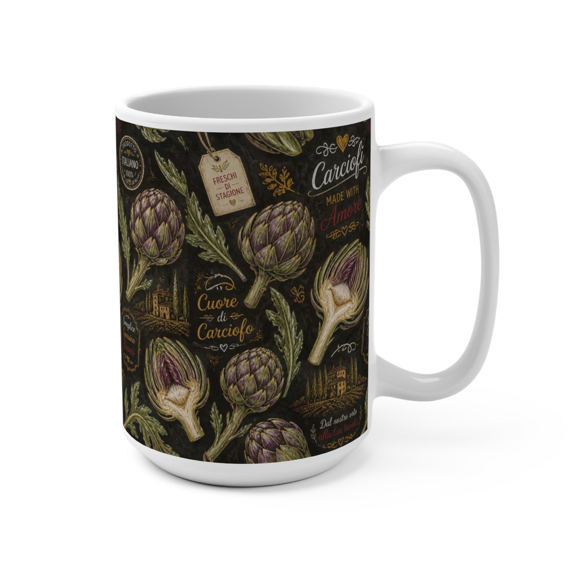 Globe Artichokes 15oz Ceramic Mug Mediterranean Kitchen Chalk Art Design Italian Cottagecore Gift