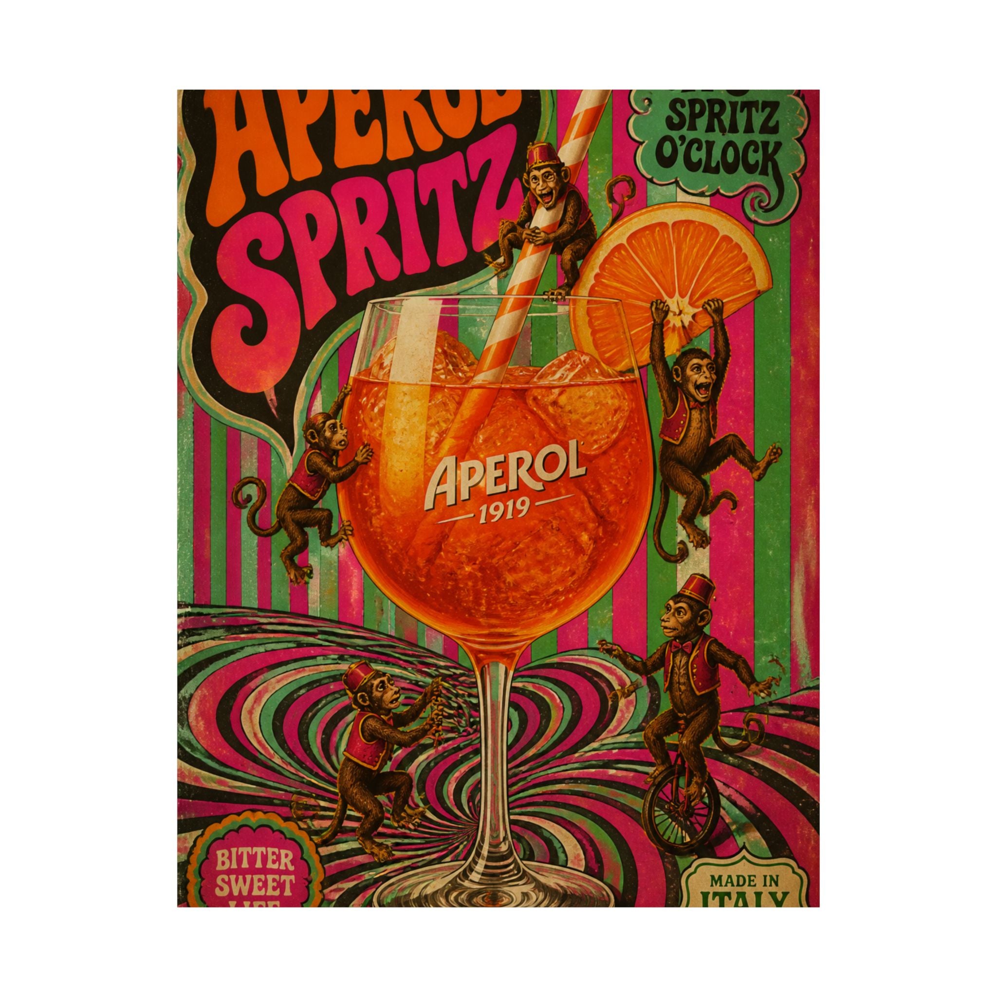 Aperol Spritz Monkeys Wall Art Poster 24×36 Psychedelic Dining Room Decor Maximalist Print