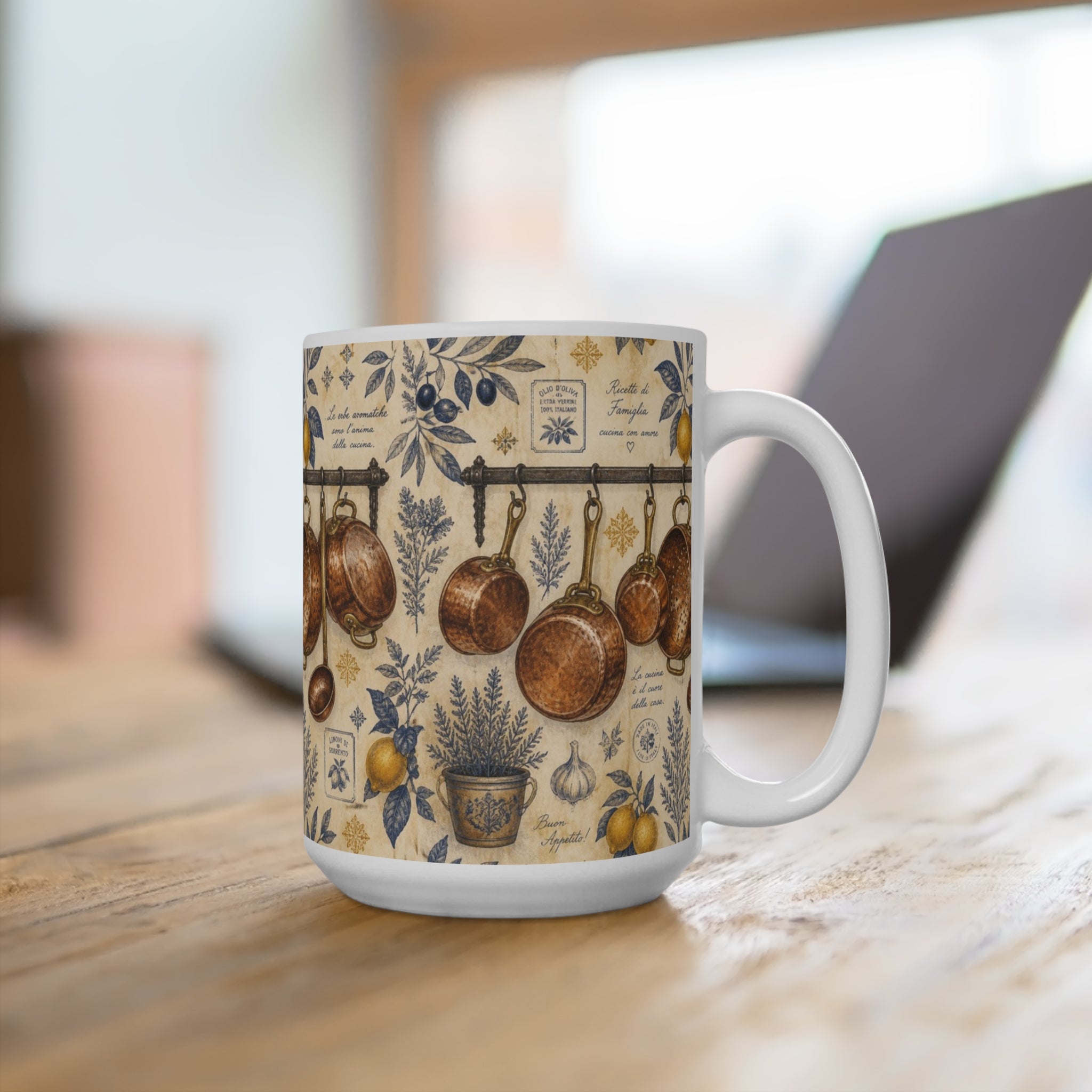 Copper Cookware 15oz Ceramic Mug Mediterranean Kitchen Botanical Design Italian Cottagecore Gift
