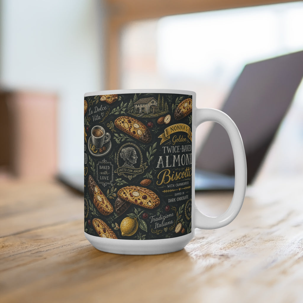 Almond Biscotti 15oz Ceramic Mug Mediterranean Kitchen Chalk Art Design Italian Cottagecore Gift