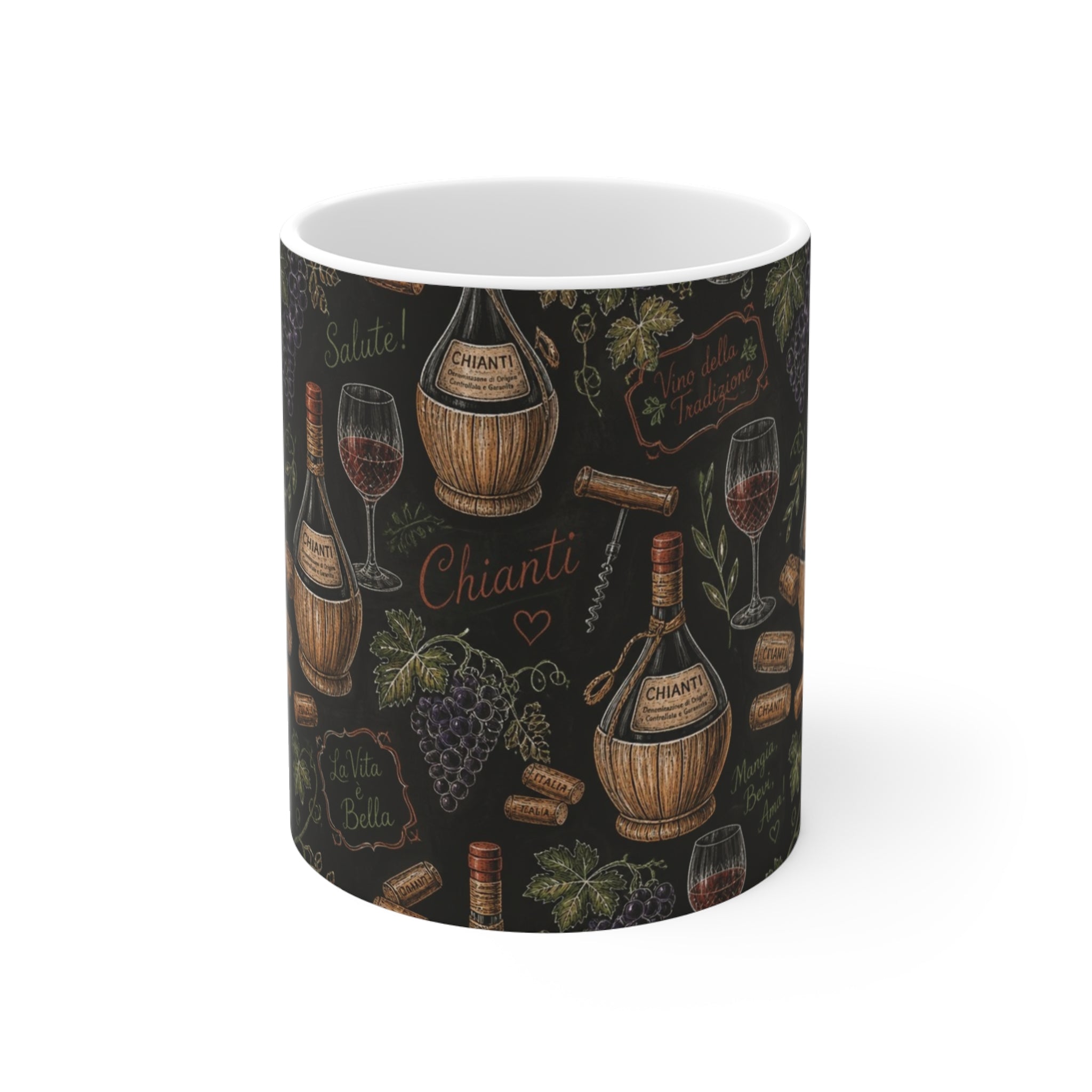 Wine Bottles & Glasses 11oz Ceramic Mug Mediterranean Kitchen Chalk Art Design Italian Cottagecore Gift