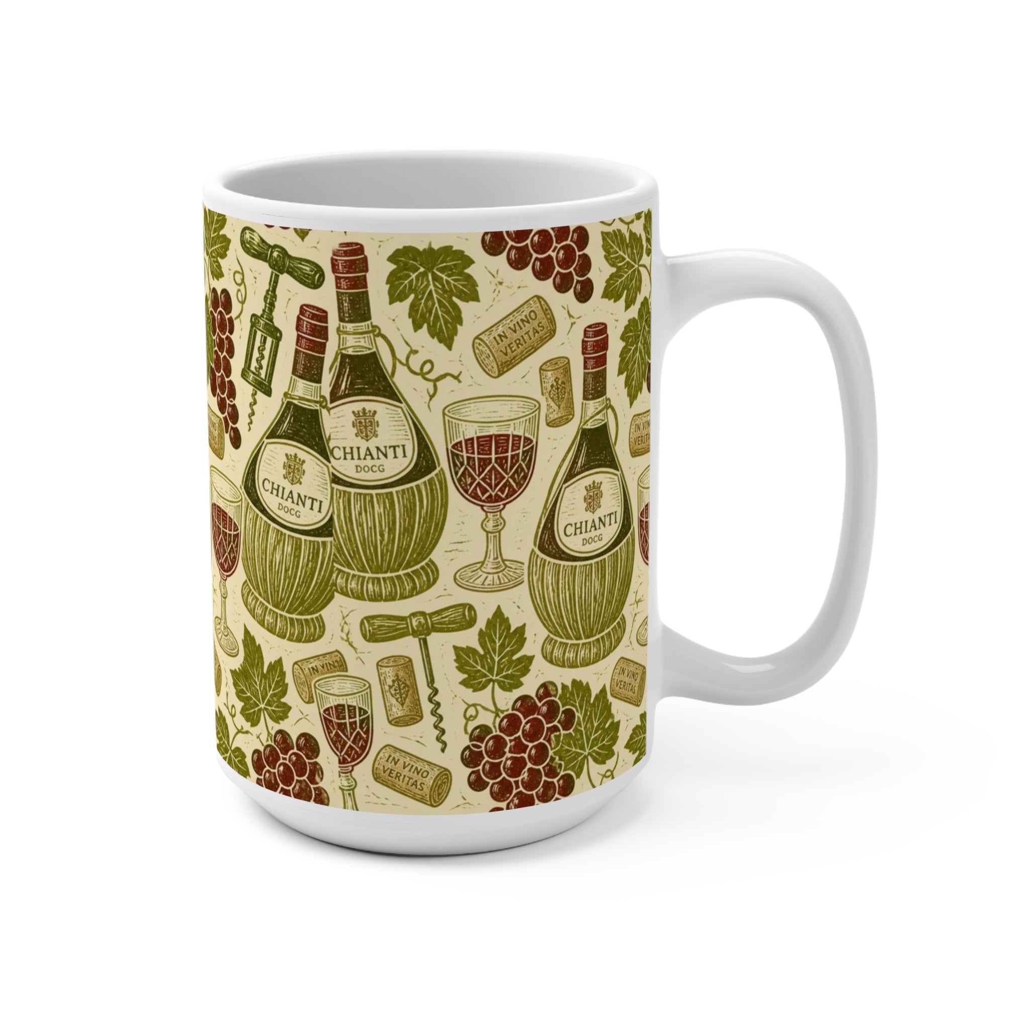 Wine Bottles & Glasses 15oz Ceramic Mug Mediterranean Kitchen Linocut Design Italian Cottagecore Gift