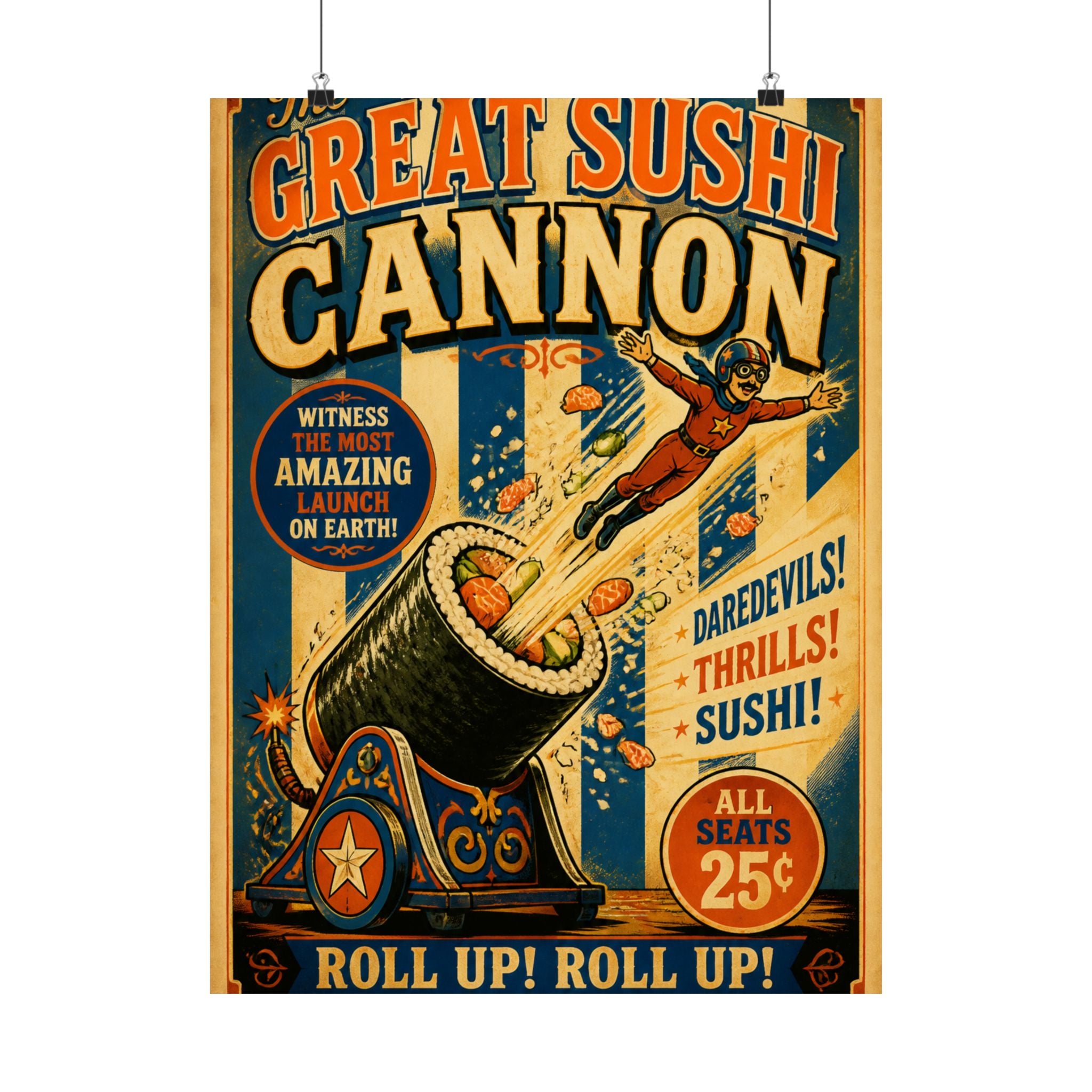 Sushi Roll Cannon Wall Art Poster 18×24 Vintage Circus Kitchen Decor Maximalist Print