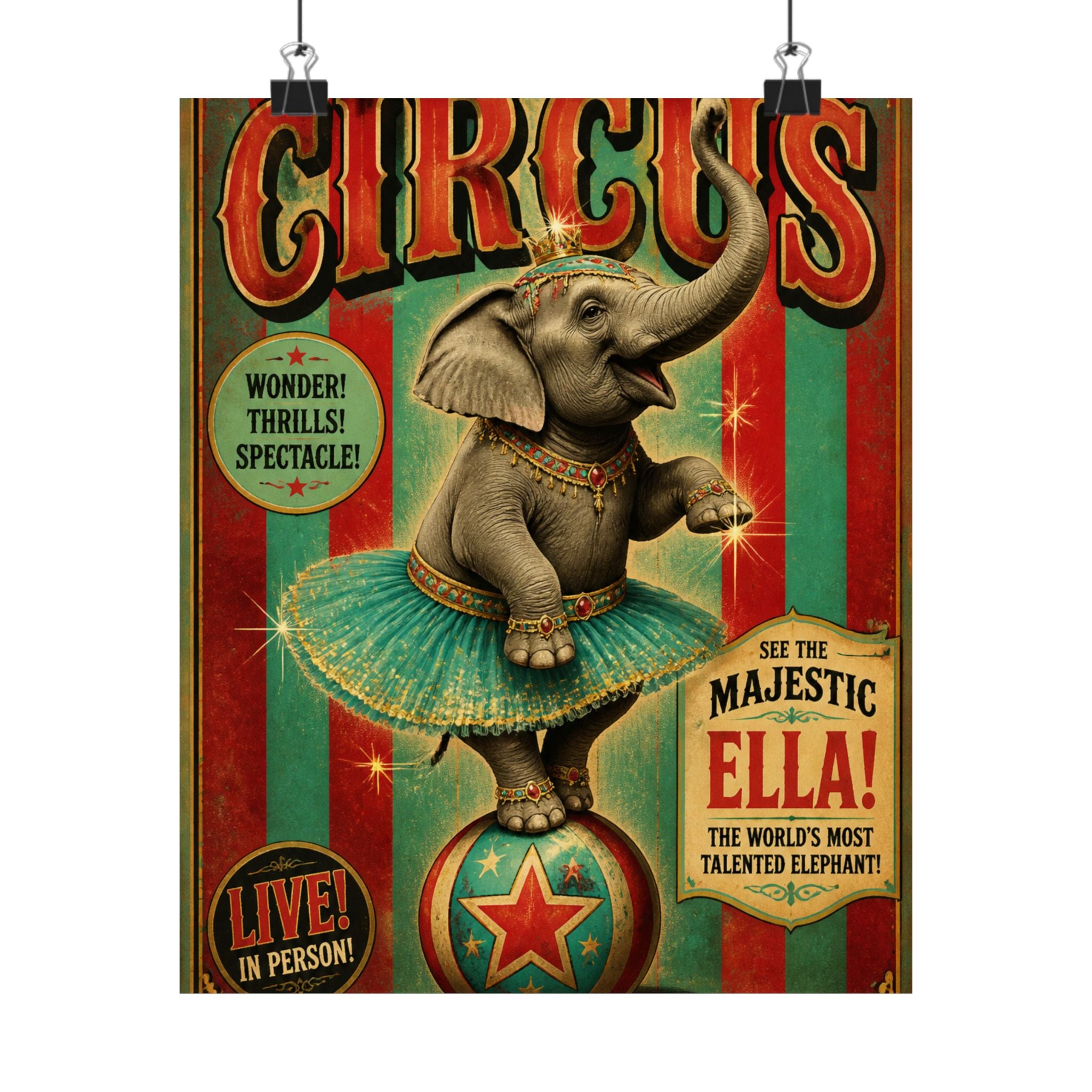 Elephant on Ball Wall Art Poster 24×36 Vintage Circus Bedroom Decor Maximalist Print