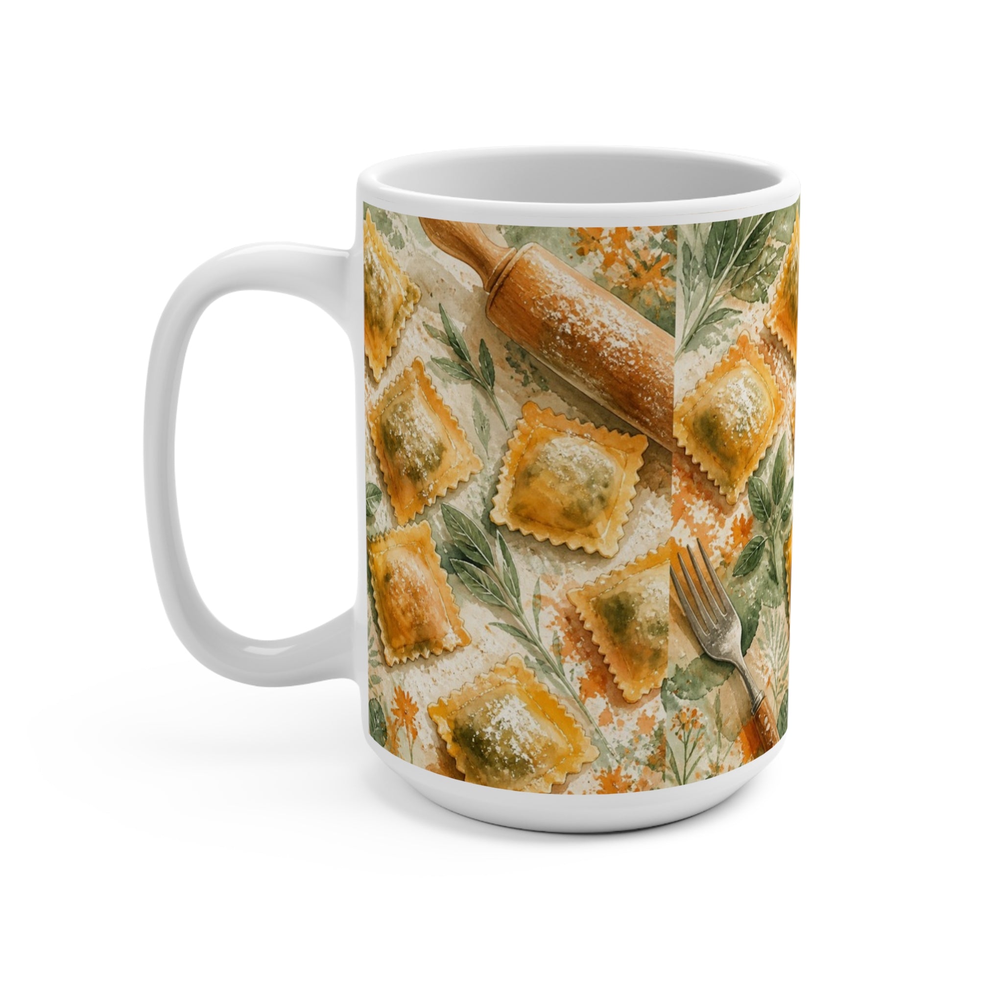 Fresh Ravioli 15oz Ceramic Mug Mediterranean Kitchen Watercolor Splash Design Italian Cottagecore Gift