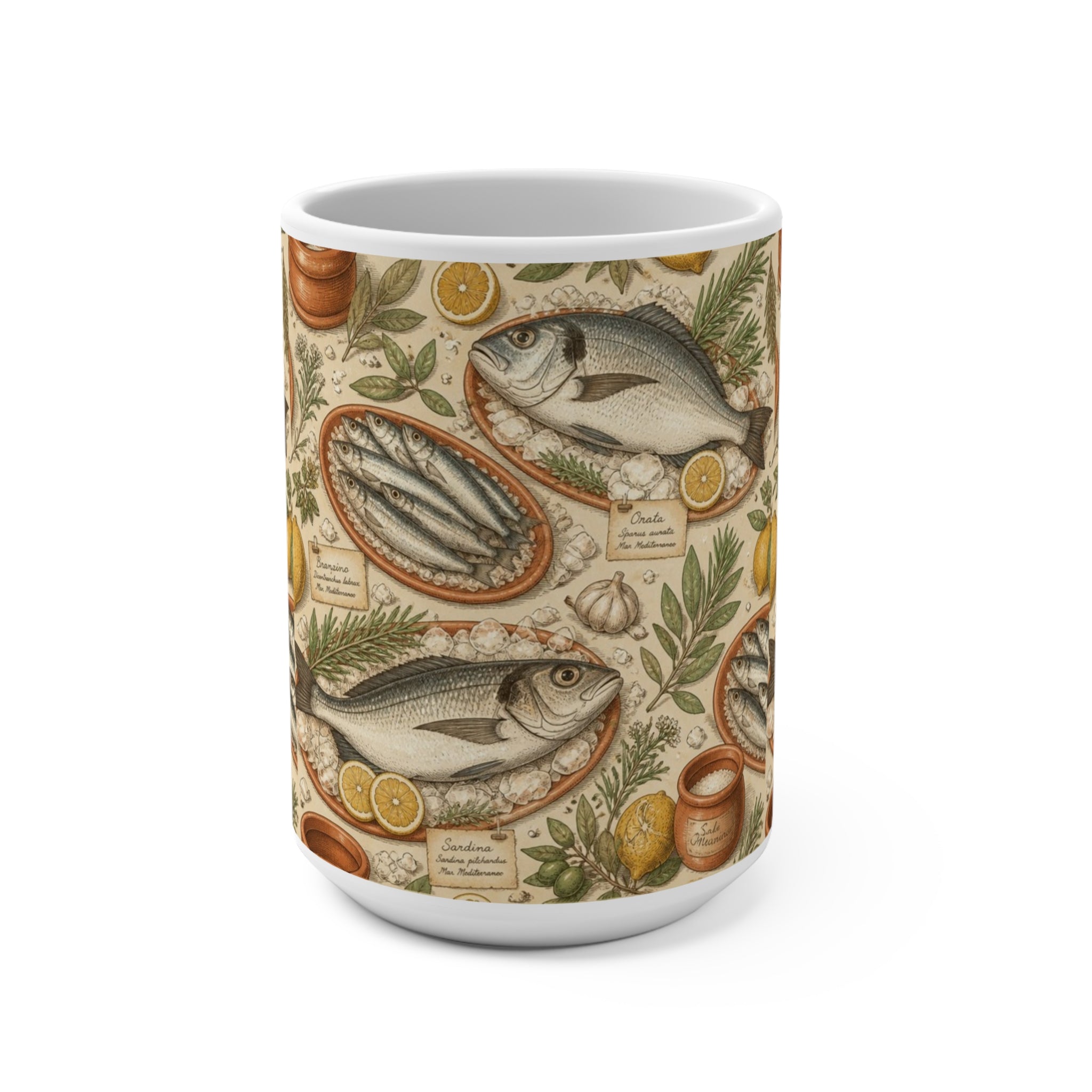 Mediterranean Fish 15oz Ceramic Mug Mediterranean Kitchen Botanical Design Italian Cottagecore Gift