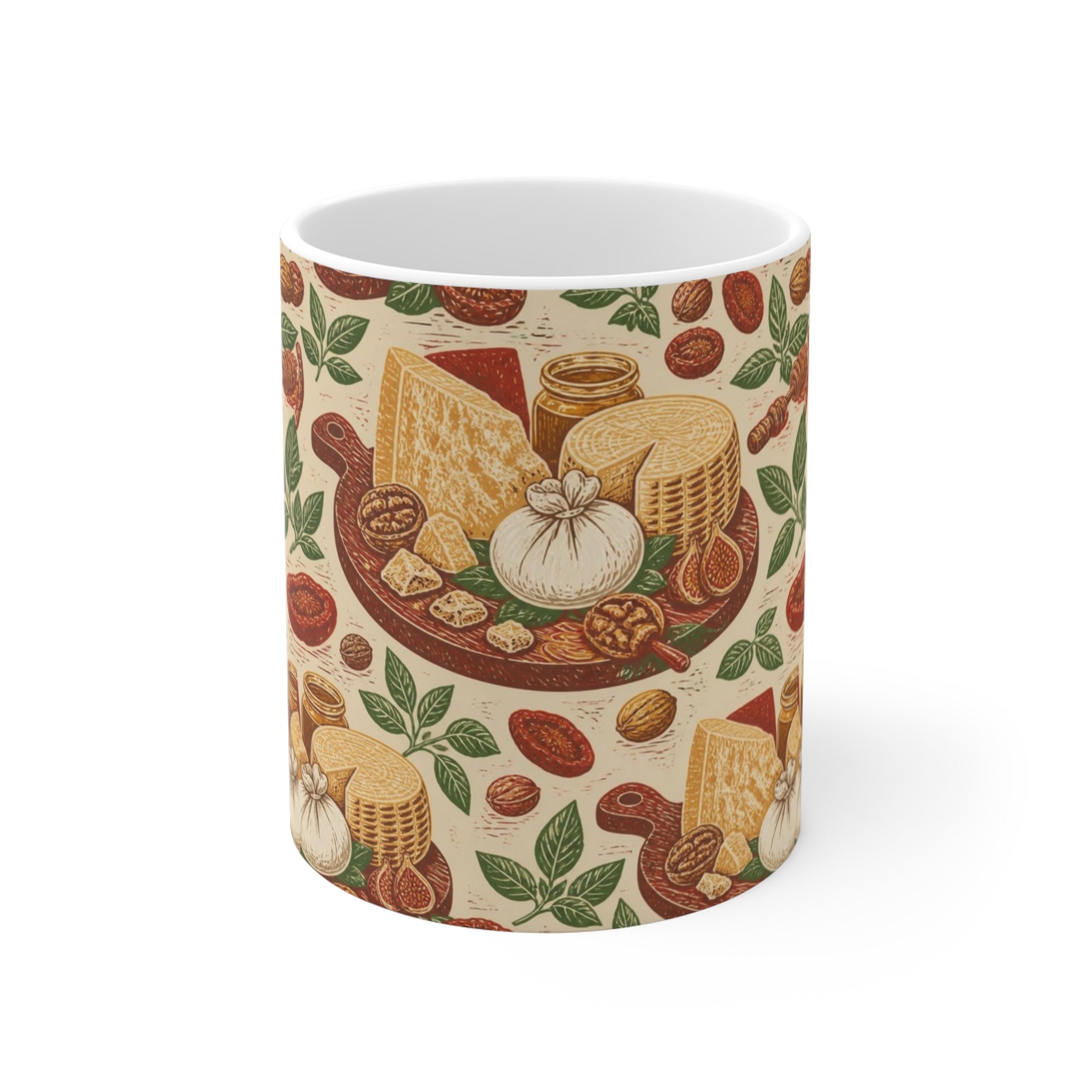 Italian Cheese Board 11oz Ceramic Mug Mediterranean Kitchen Linocut Design Italian Cottagecore Gift