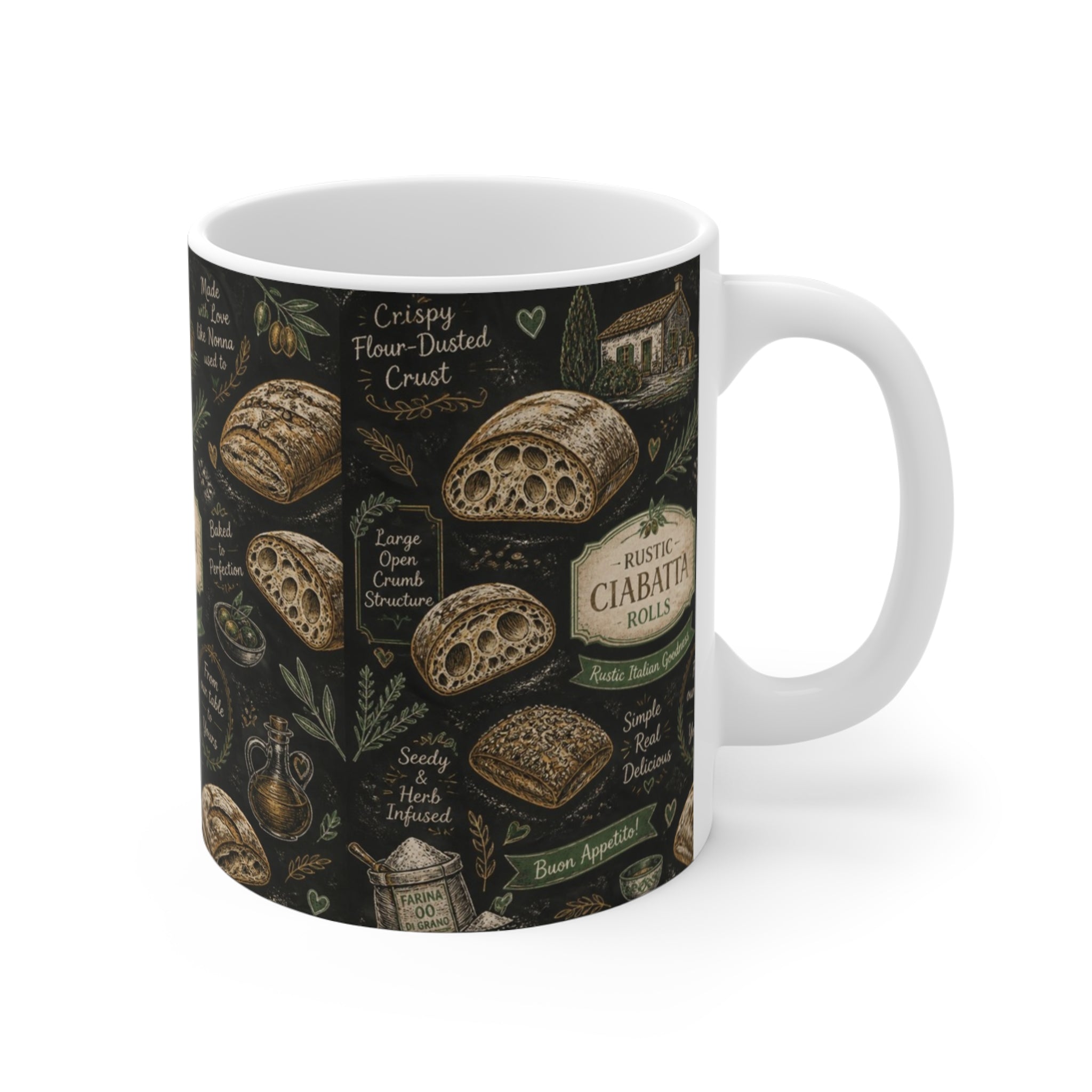 Ciabatta Rolls 11oz Ceramic Mug Mediterranean Kitchen Chalk Art Design Italian Cottagecore Gift
