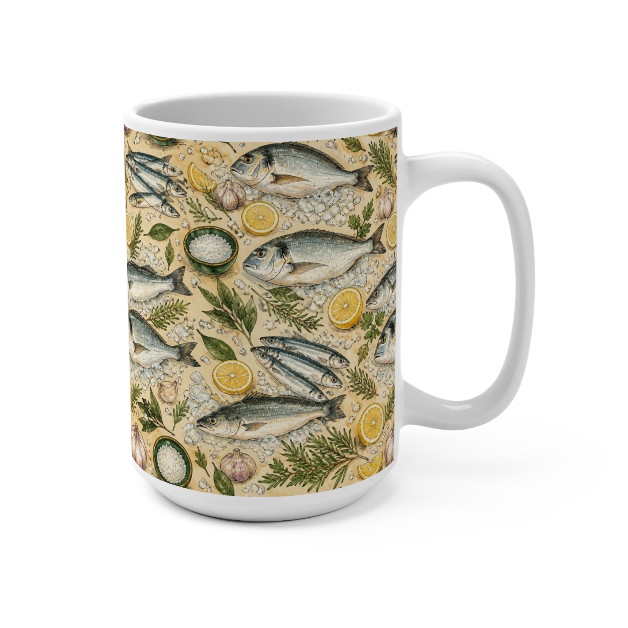 Mediterranean Fish 15oz Ceramic Mug Mediterranean Kitchen Watercolor Design Italian Cottagecore Gift