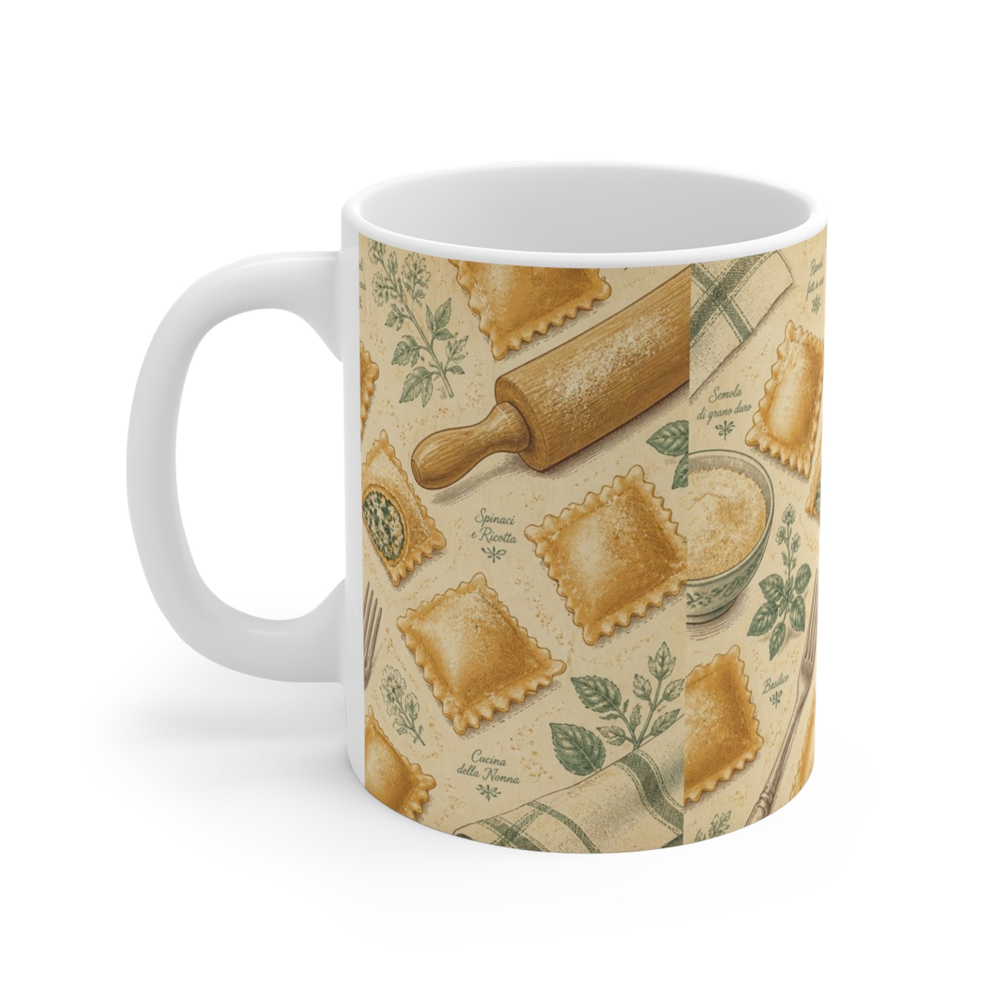 Fresh Ravioli 11oz Ceramic Mug Mediterranean Kitchen Botanical Design Italian Cottagecore Gift