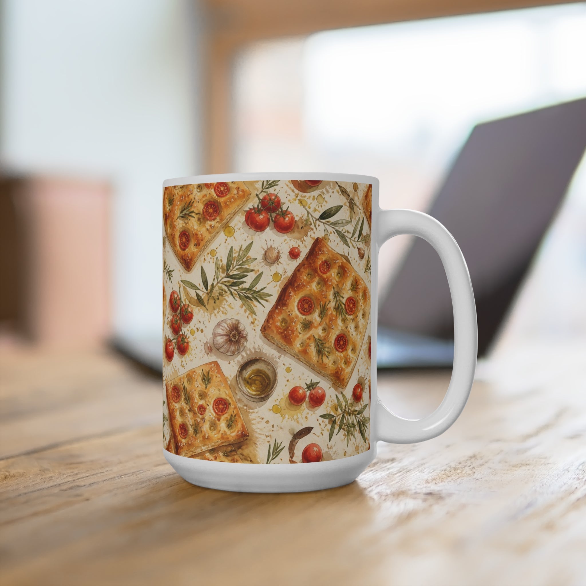 Focaccia Bread 15oz Ceramic Mug Mediterranean Kitchen Watercolor Splash Design Italian Cottagecore Gift
